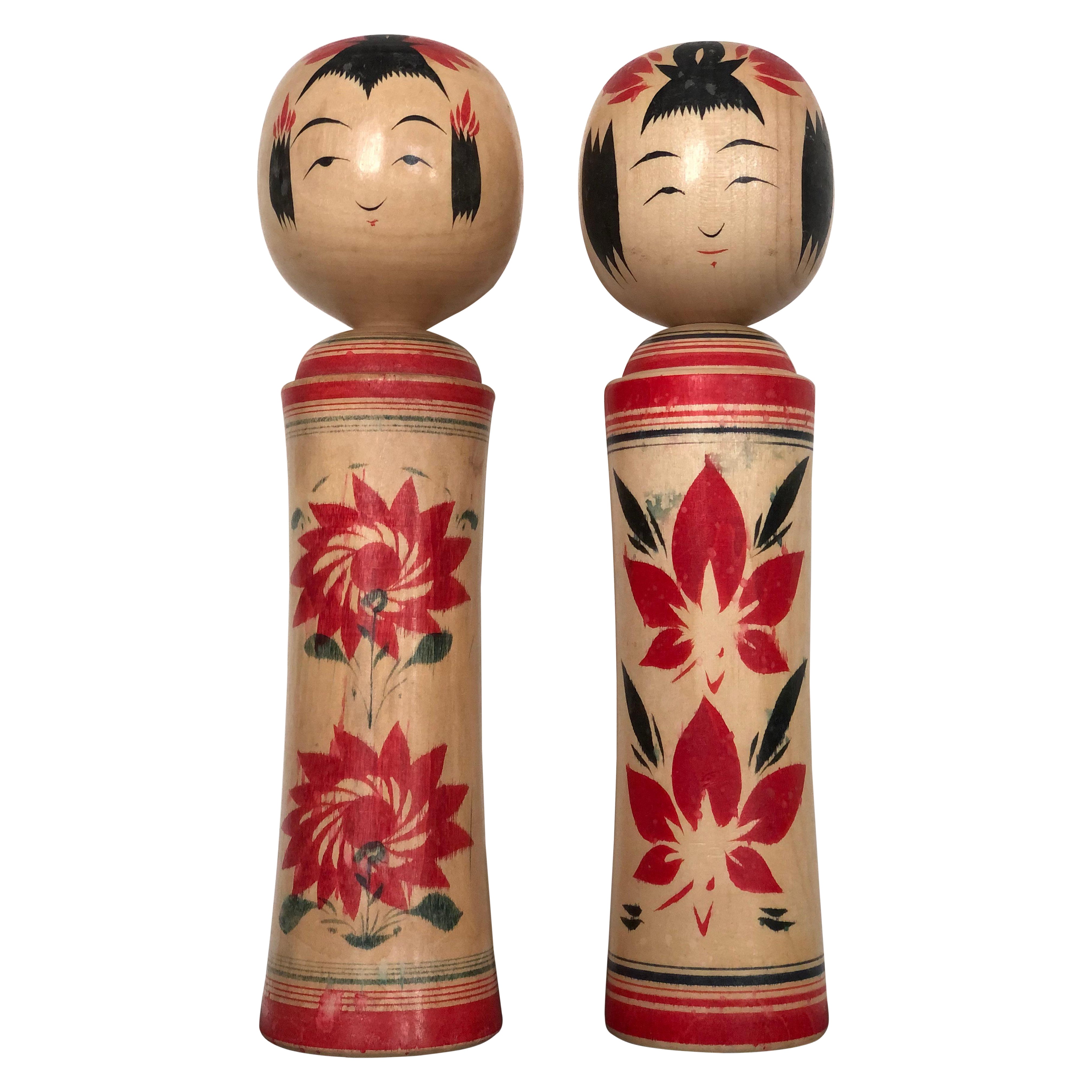A Pair Vintage Folk Art Kokeshi Dolls Sakunami Style Signed Japan