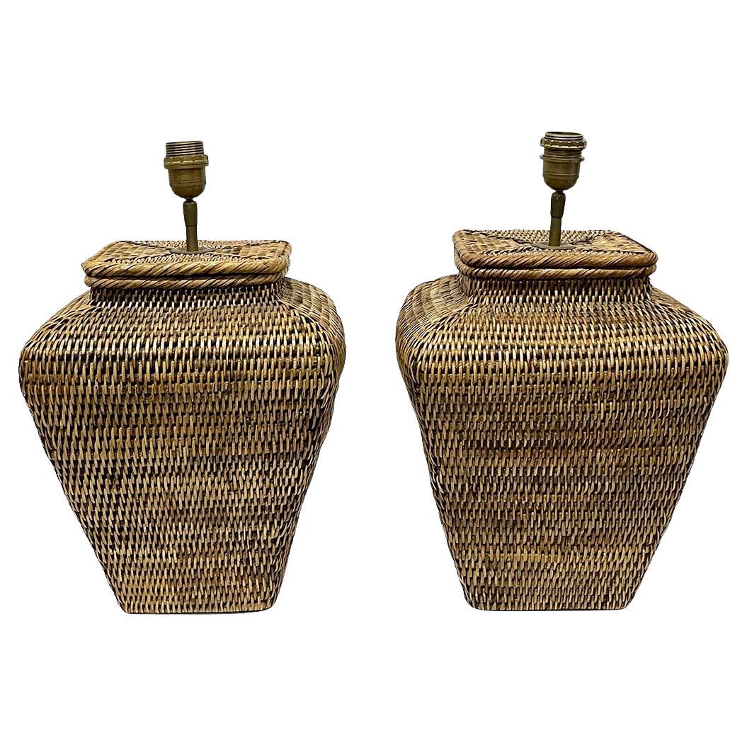 A pair weave rattan square table lamps