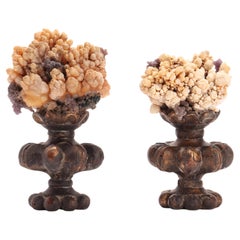 A pair Wunderkammer Natural mineral specimen calcite flower crystal Italy 1880.