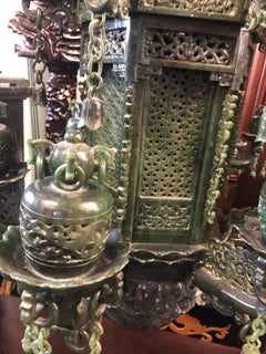 Palace Size Spinach Jade 'Lantern Group' and Wood Stand