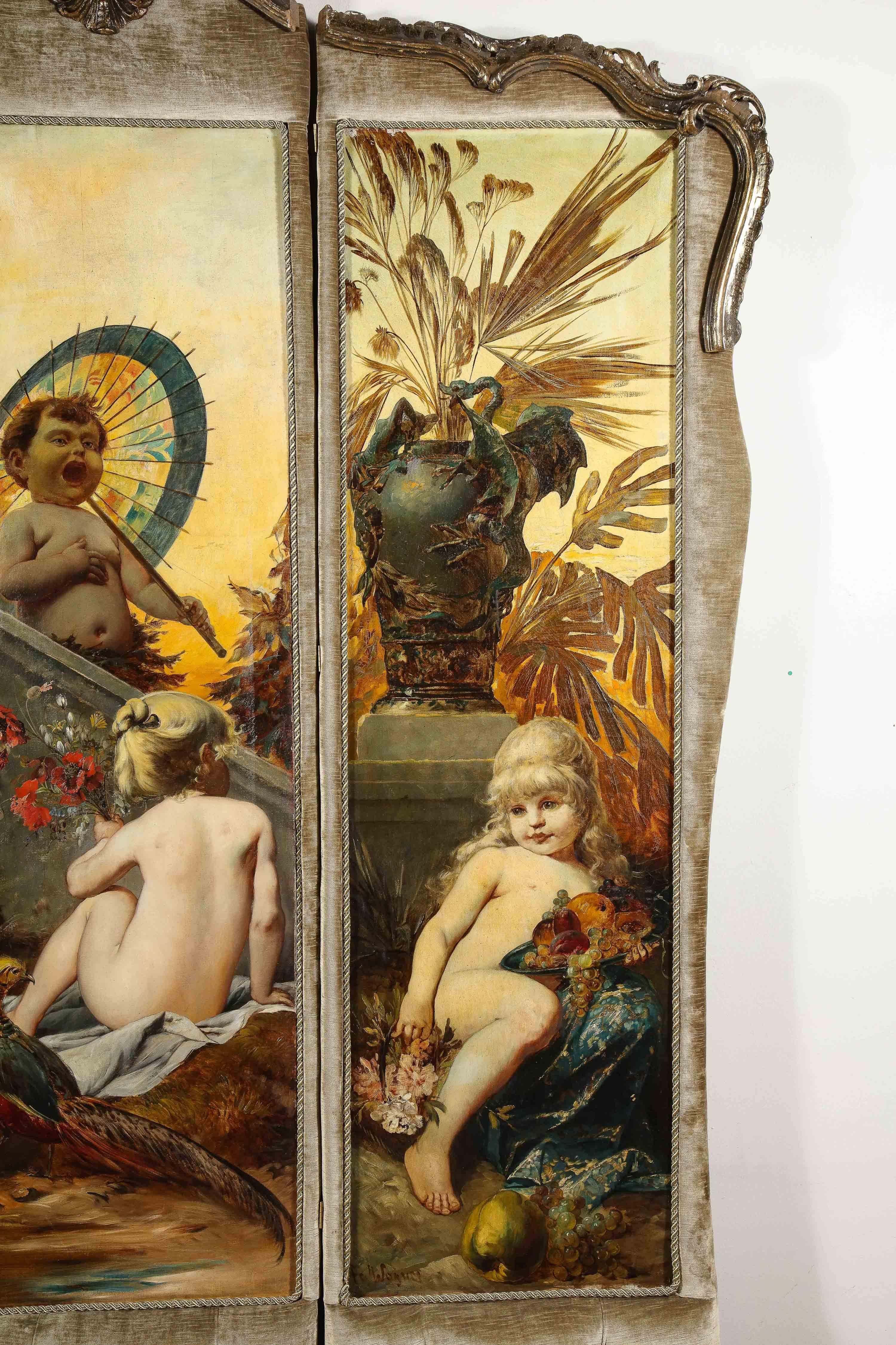 Palastartiger und opulenter Belle Epoque Paravent aus Gildeholz und Öl auf Leinwand mit drei Tafeln im Zustand „Gut“ im Angebot in New York, NY