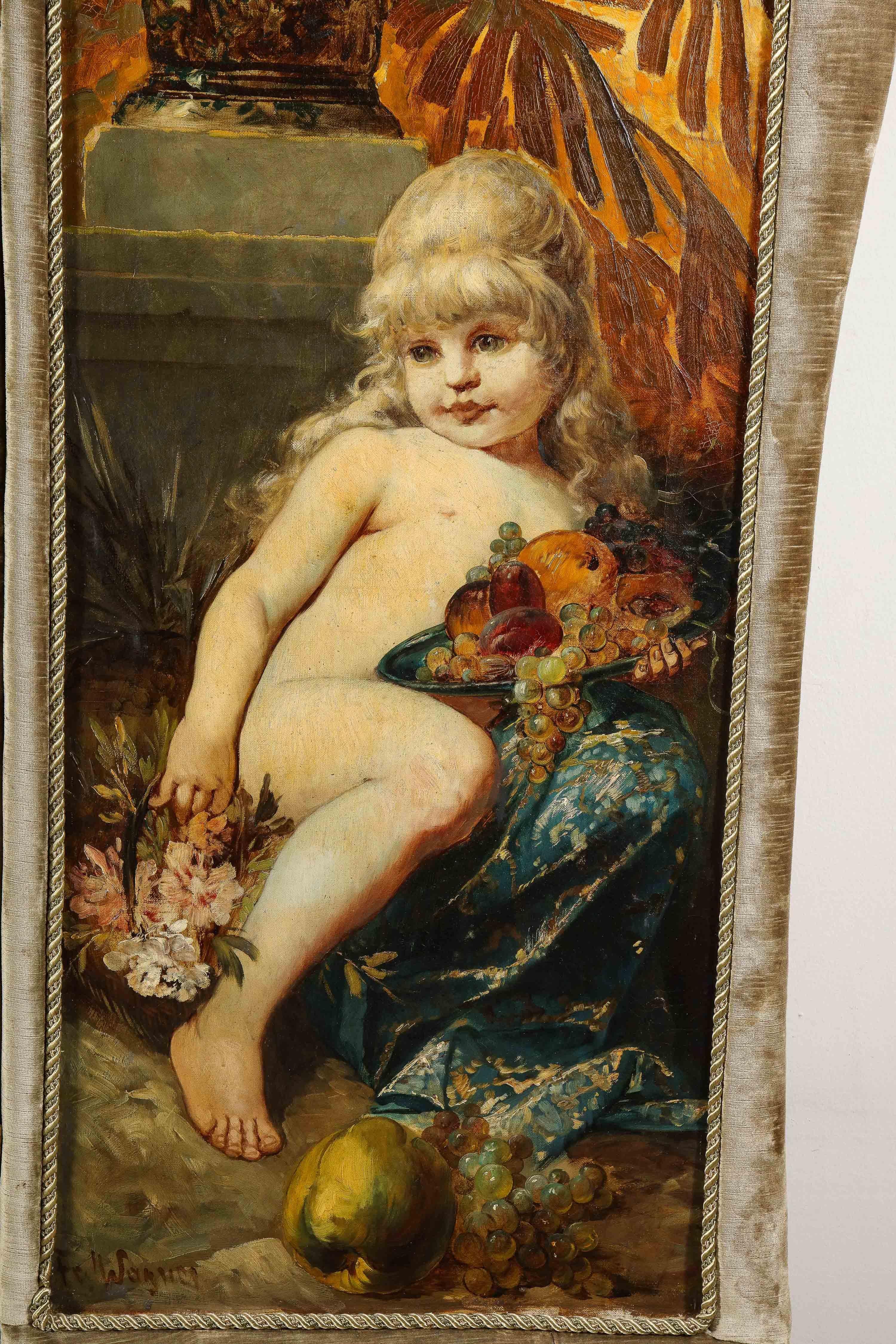 Palastartiger und opulenter Belle Epoque Paravent aus Gildeholz und Öl auf Leinwand mit drei Tafeln (19. Jahrhundert) im Angebot