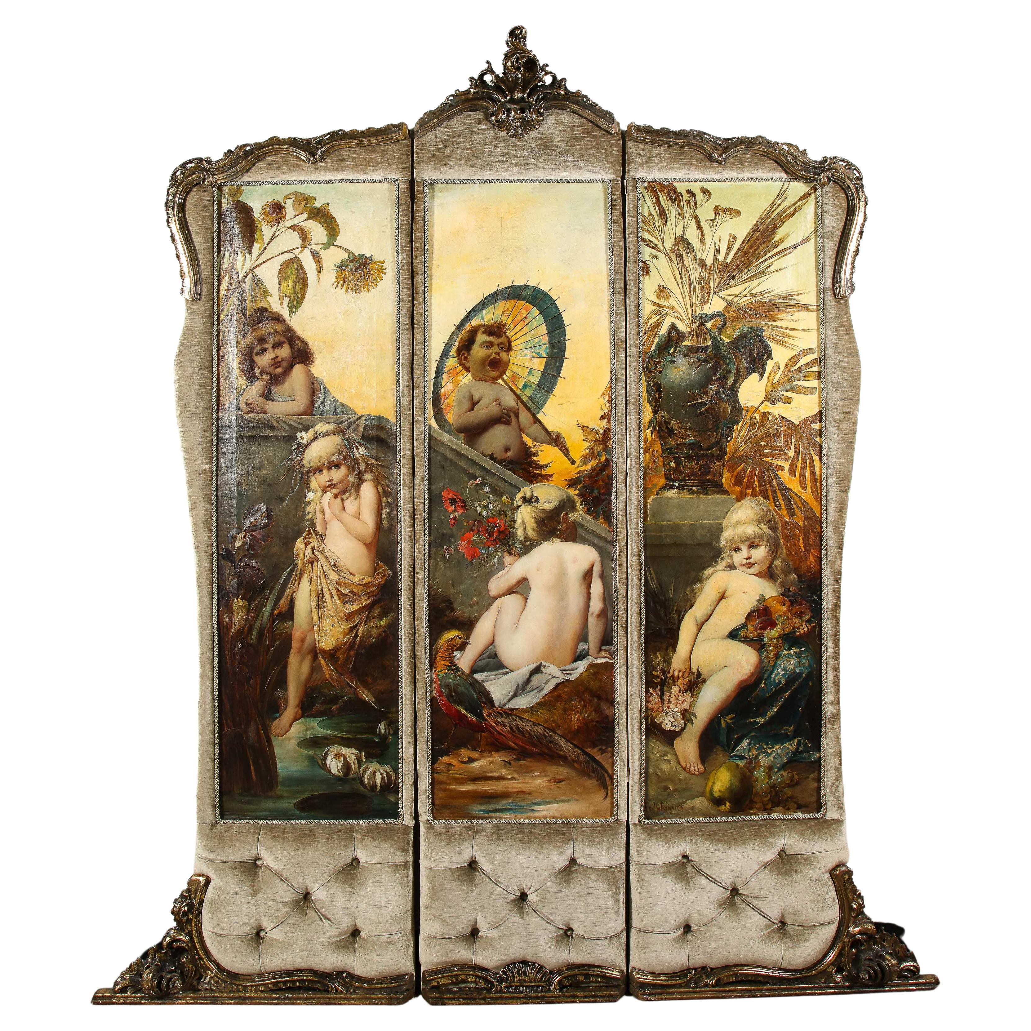 Palatial and Opulent Belle Epoque Giltwood & Oil on Canvas Three-Panel Screen