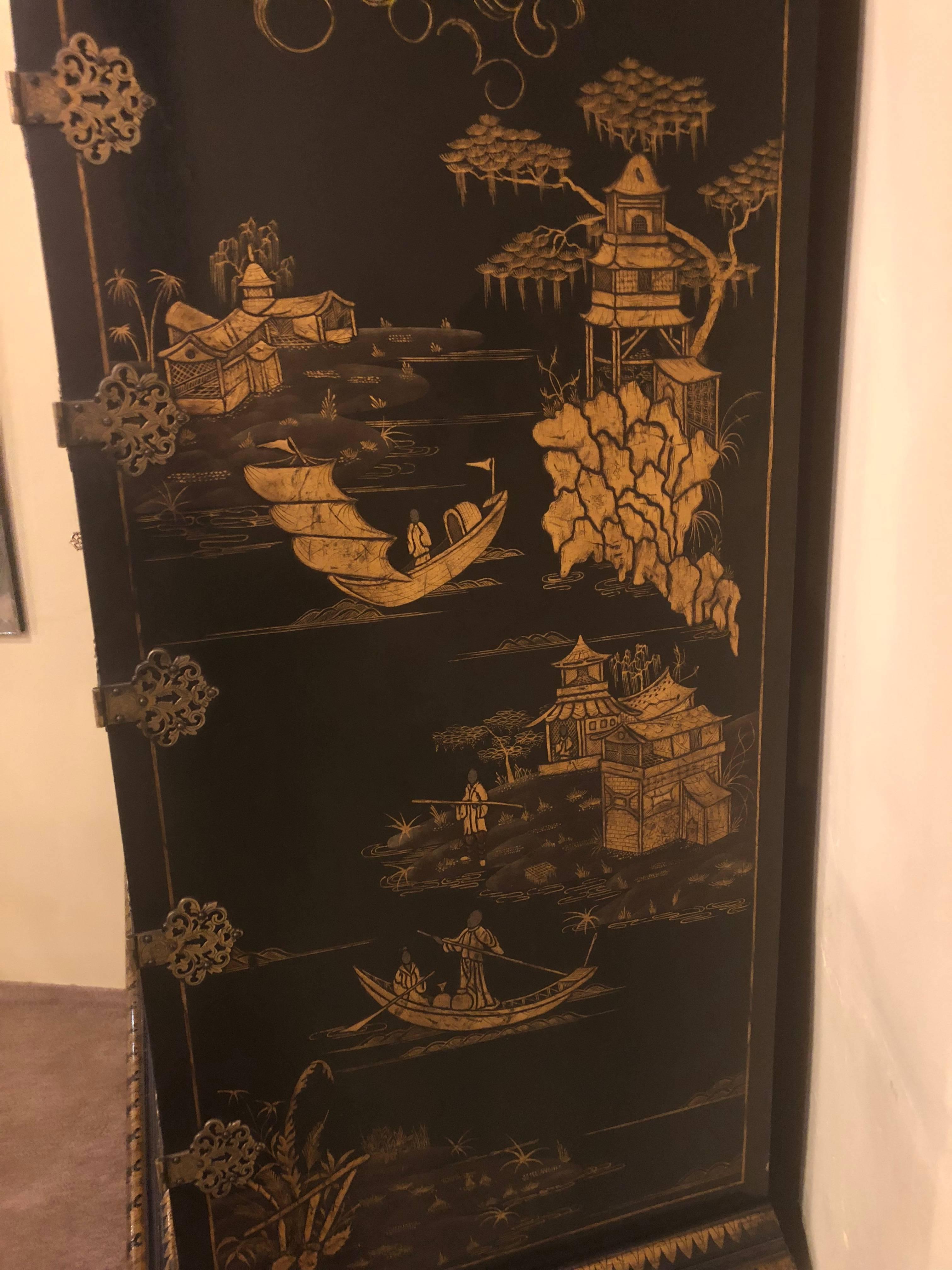 Palatial Chinoiserie Decorated Ebonized Two-Door over Four Drawer Armoire 11