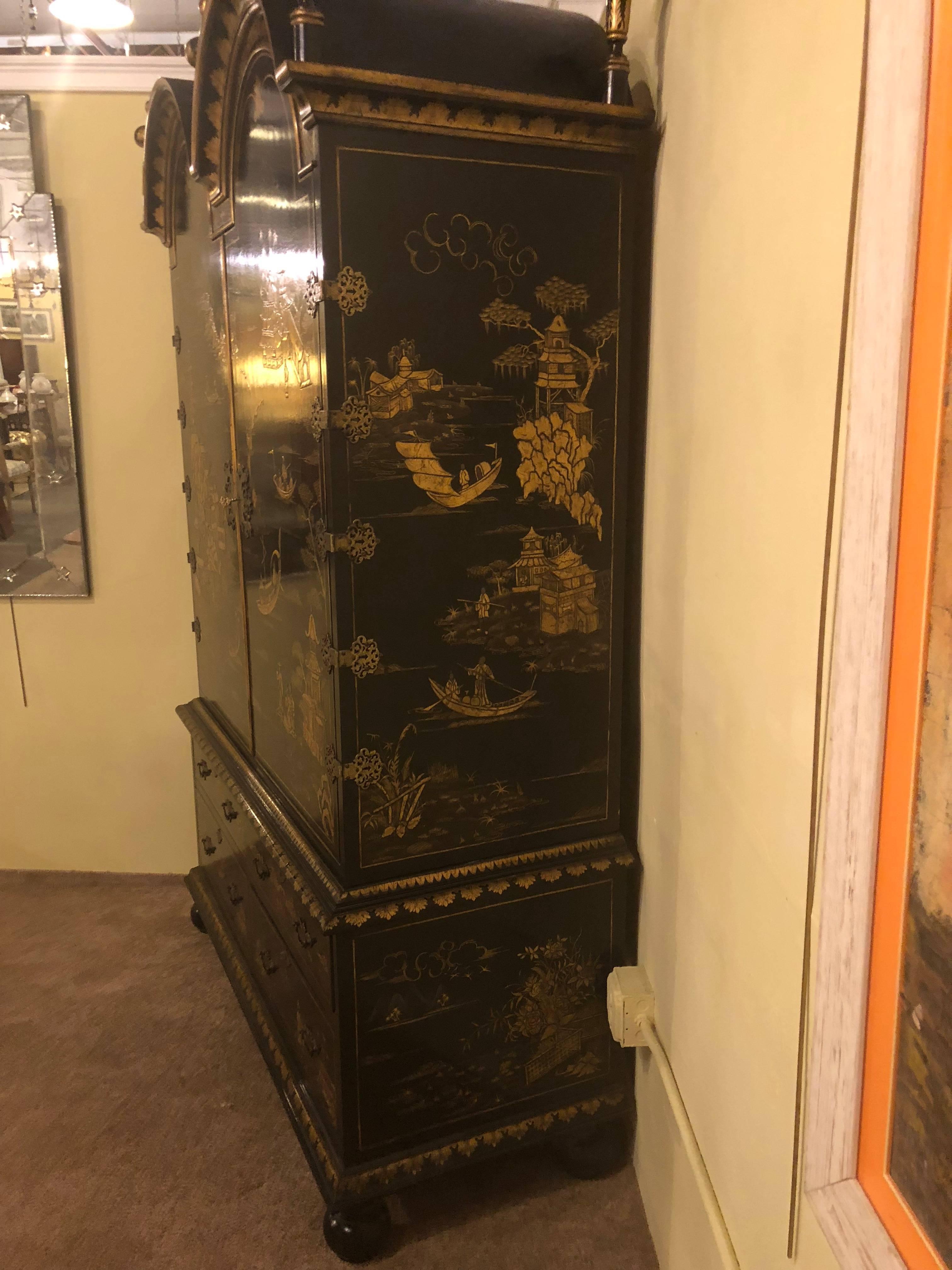 Palatial Chinoiserie Decorated Ebonized Two-Door over Four Drawer Armoire 12