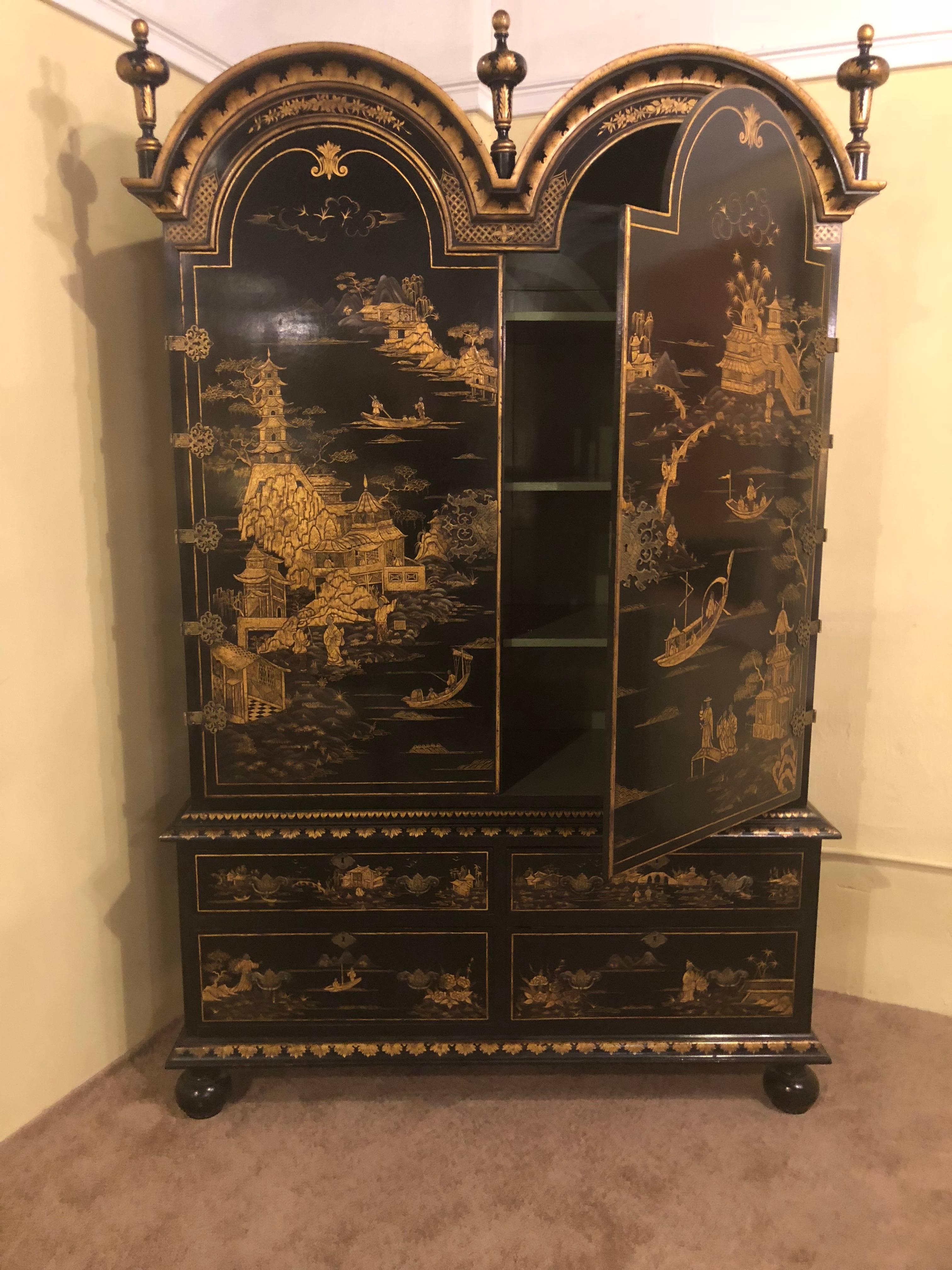English Palatial Chinoiserie Decorated Ebonized Two-Door over Four Drawer Armoire
