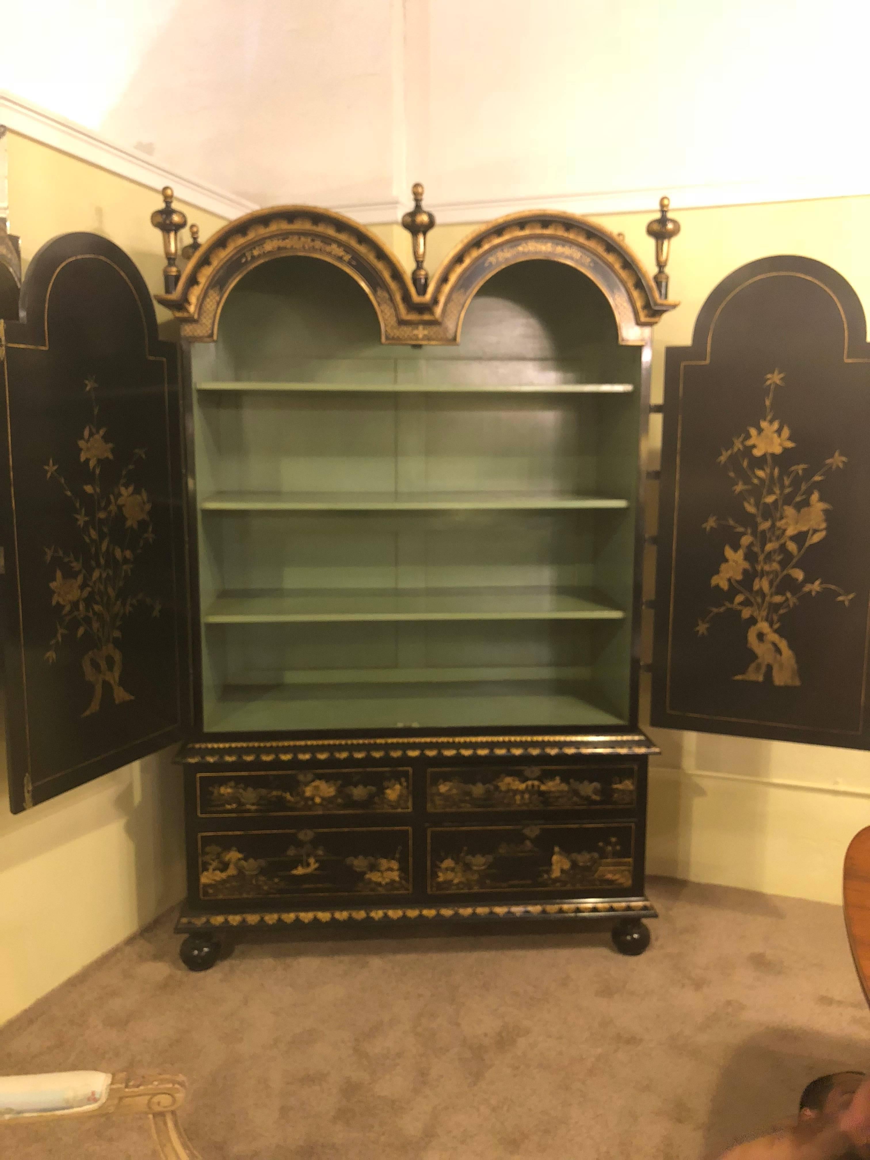 Palatial Chinoiserie Decorated Ebonized Two-Door over Four Drawer Armoire In Good Condition In Stamford, CT