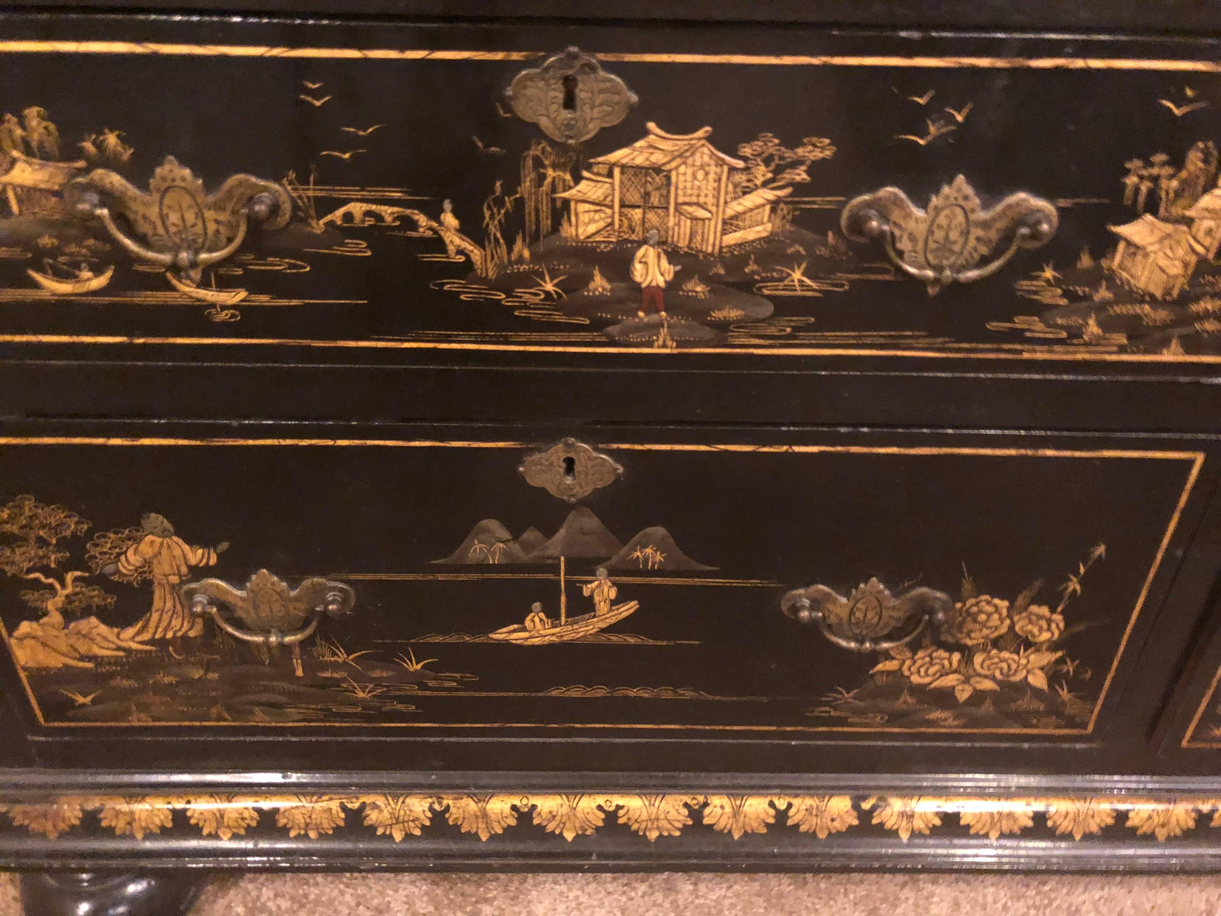 Palatial Chinoiserie Decorated Ebonized Two-Door over Four Drawer Armoire 1