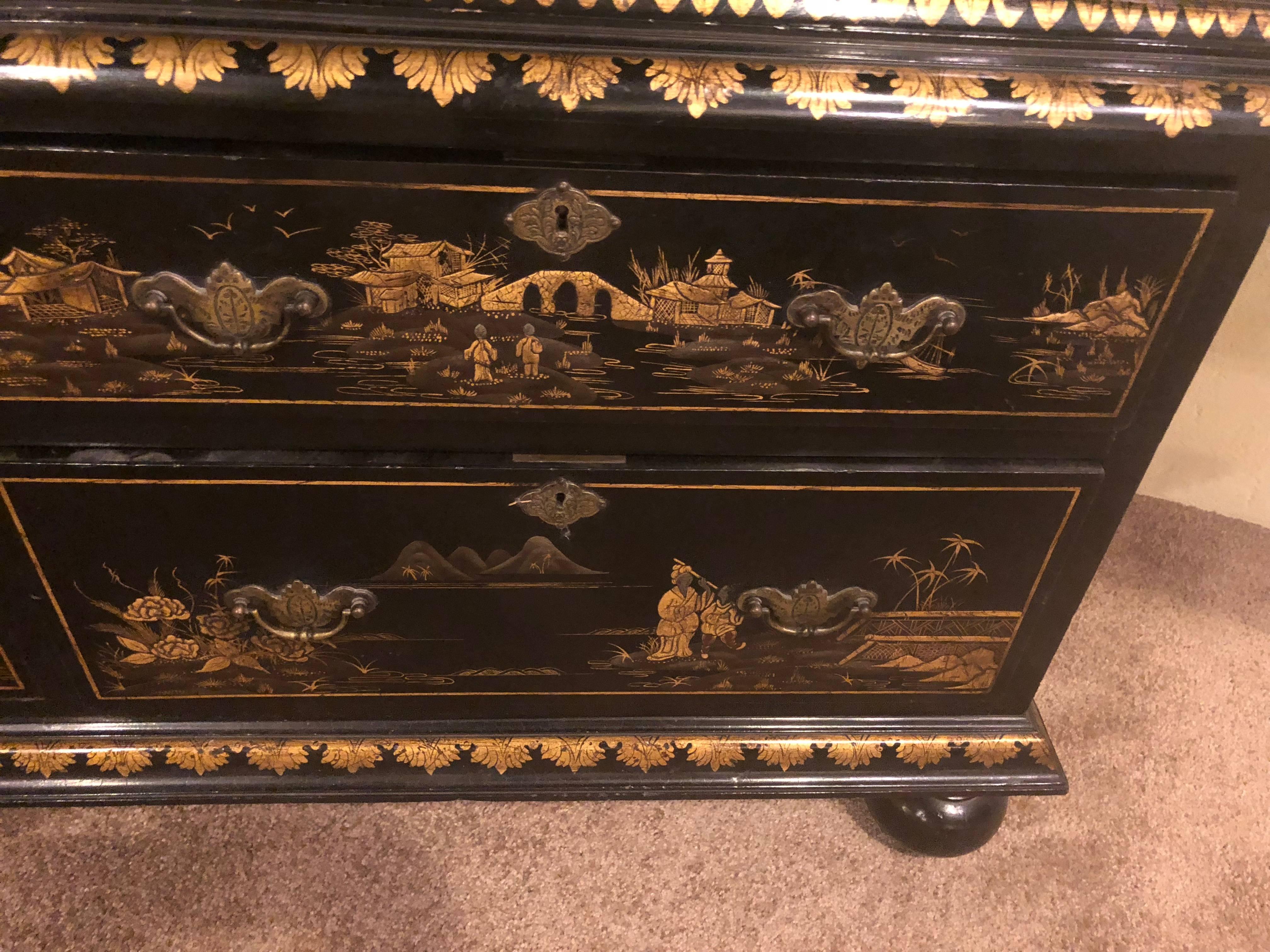 Palatial Chinoiserie Decorated Ebonized Two-Door over Four Drawer Armoire 2