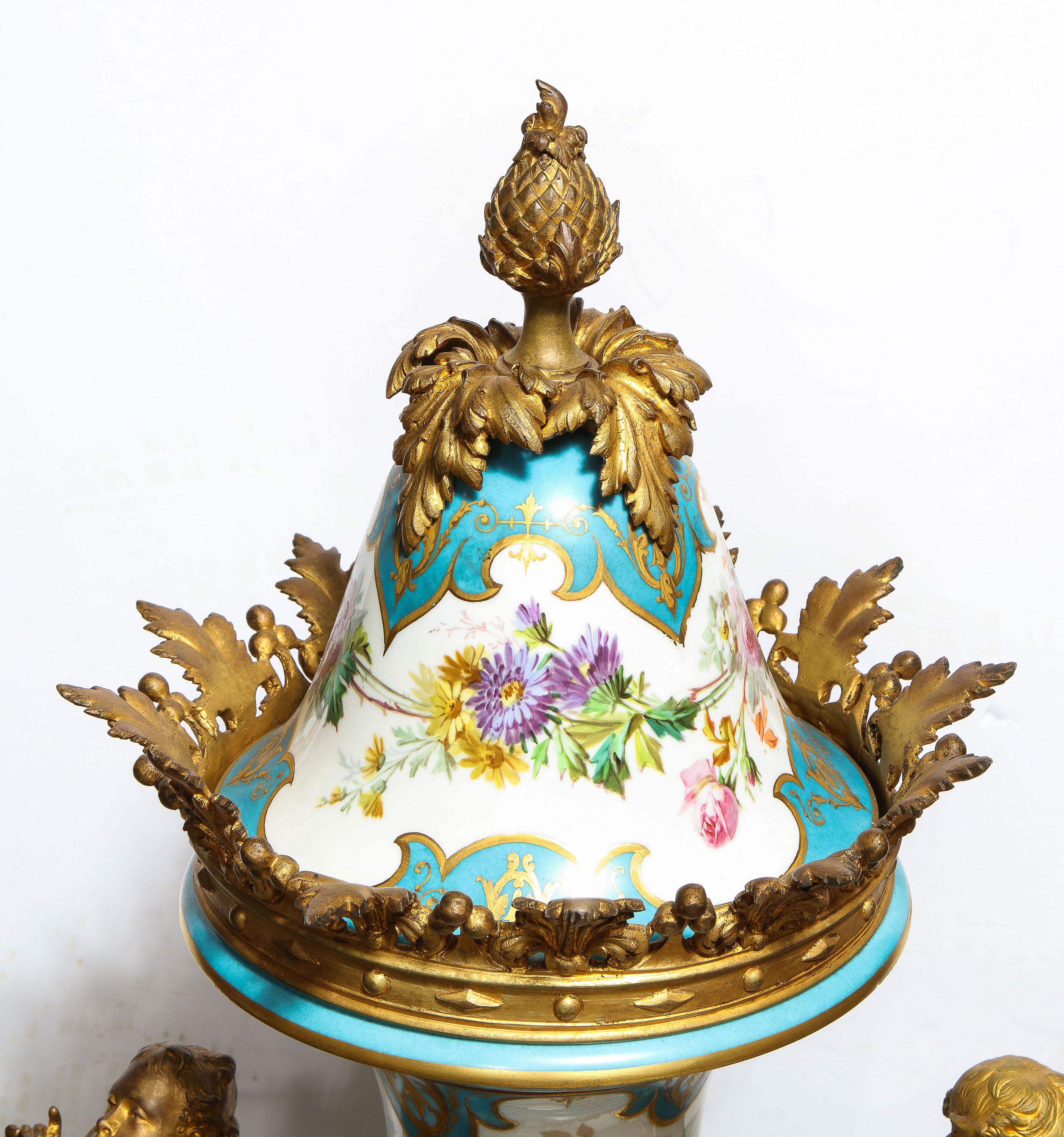 Palatial French Ormolu-Mounted Sevres Porcelain Hand-Painted Vase and Cover For Sale 4