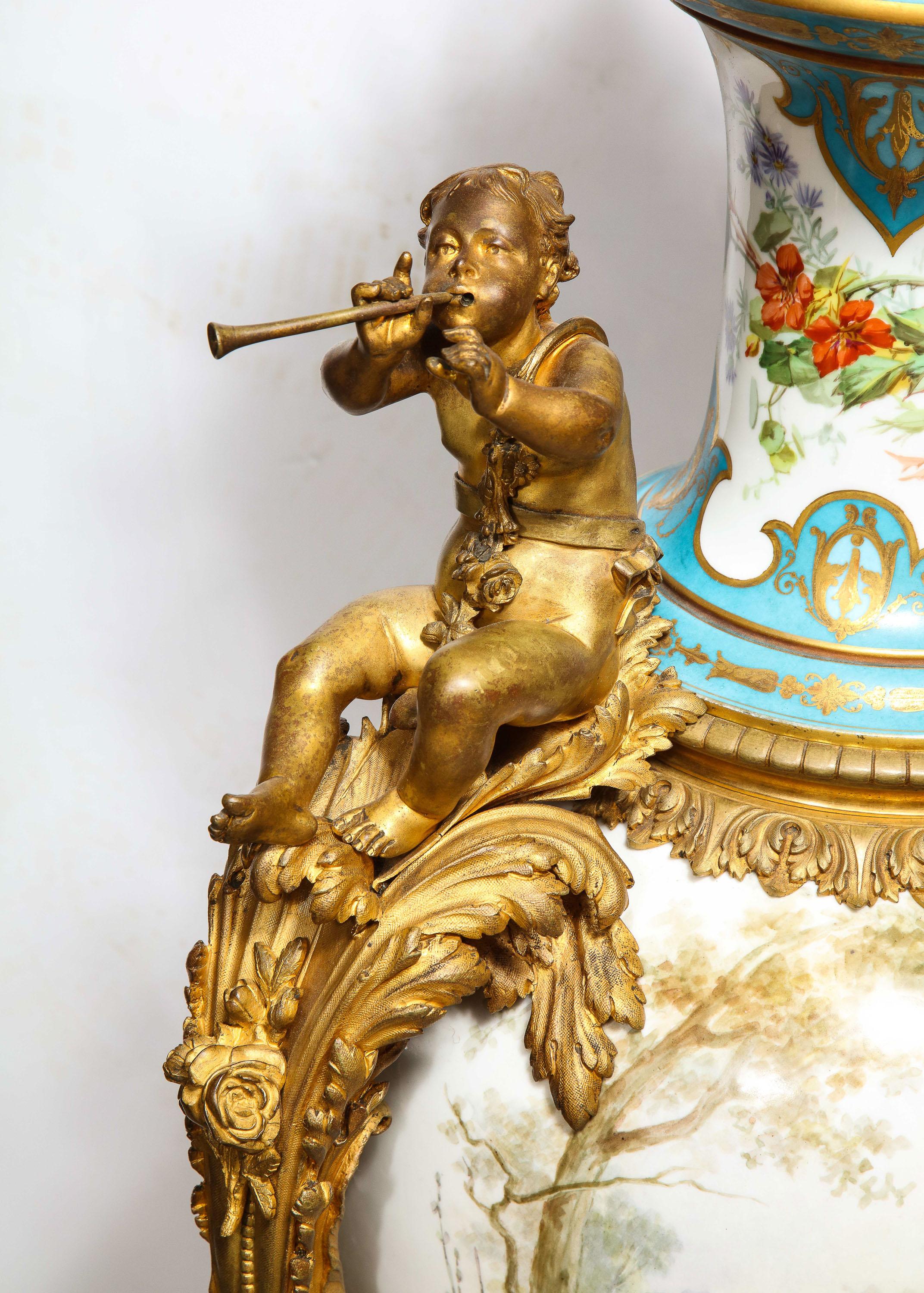 Palatial French Ormolu-Mounted Sevres Porcelain Hand-Painted Vase and Cover For Sale 5