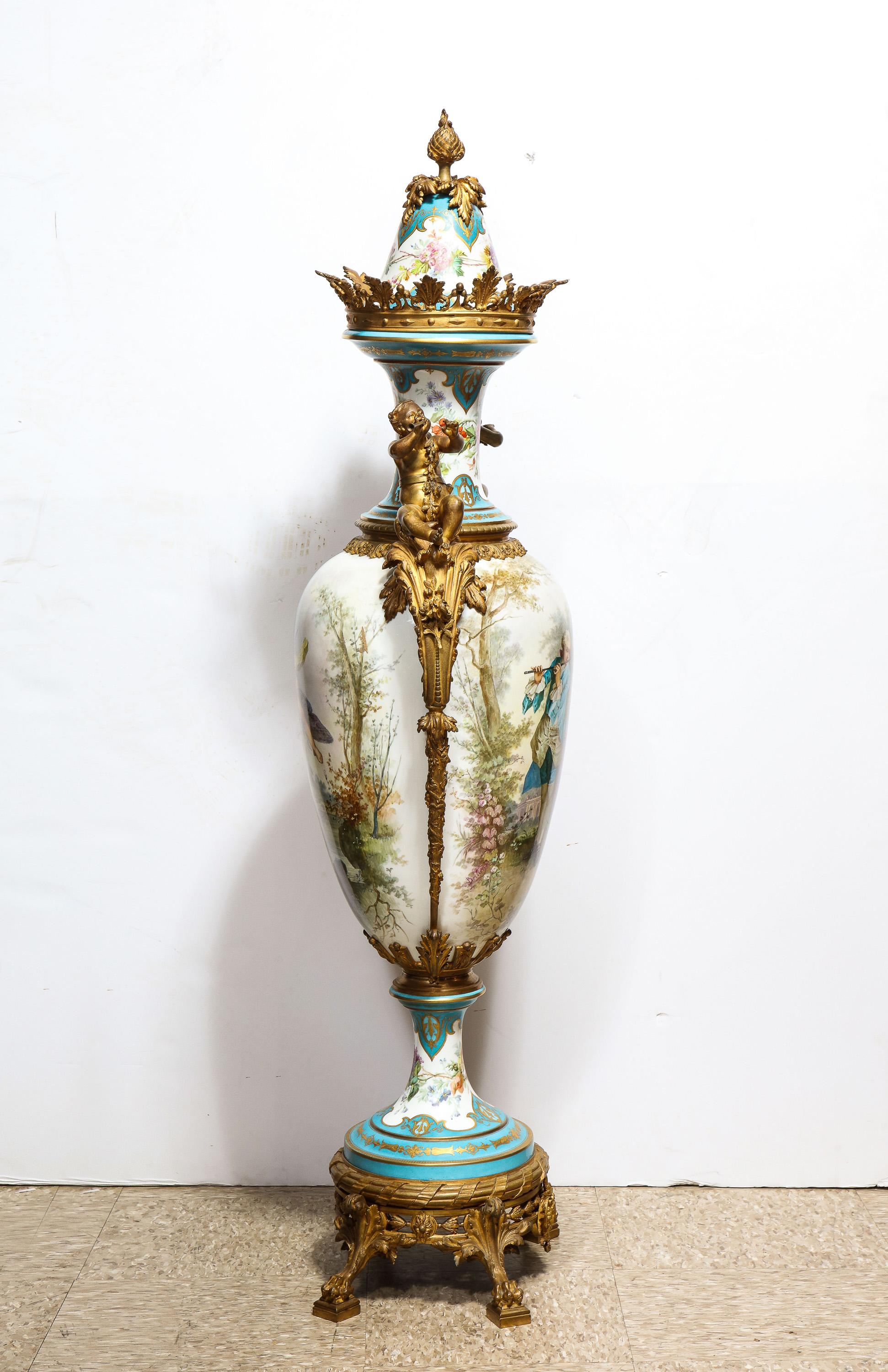 Palatial French Ormolu-Mounted Sevres Porcelain Hand-Painted Vase and Cover For Sale 6