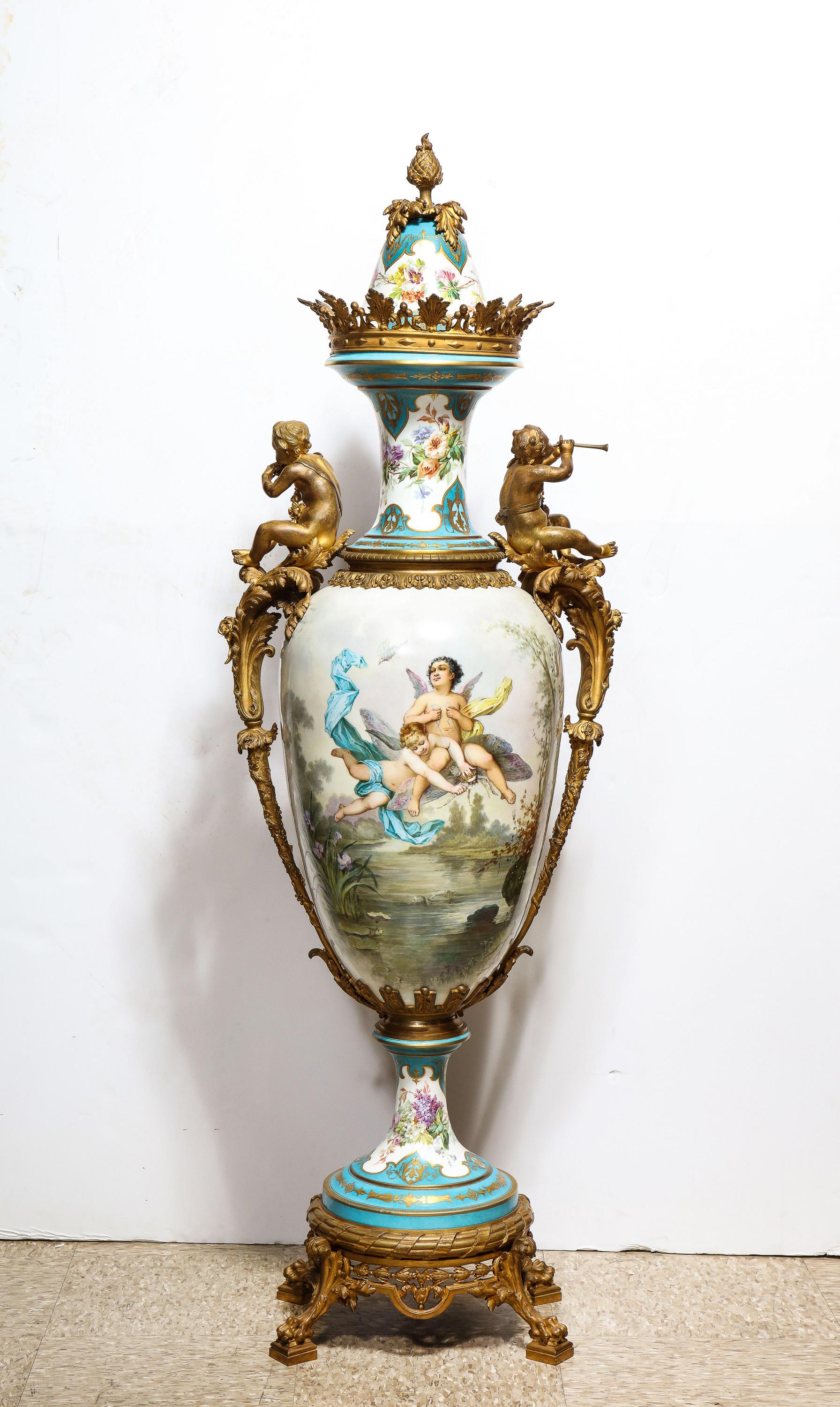 Palatial French Ormolu-Mounted Sevres Porcelain Hand-Painted Vase and Cover For Sale 7