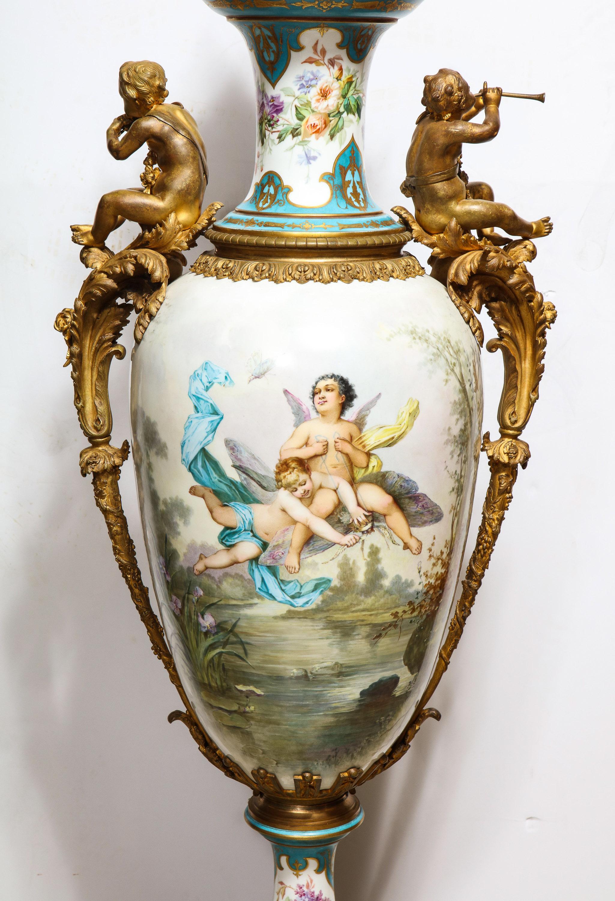 Palatial French Ormolu-Mounted Sevres Porcelain Hand-Painted Vase and Cover For Sale 8