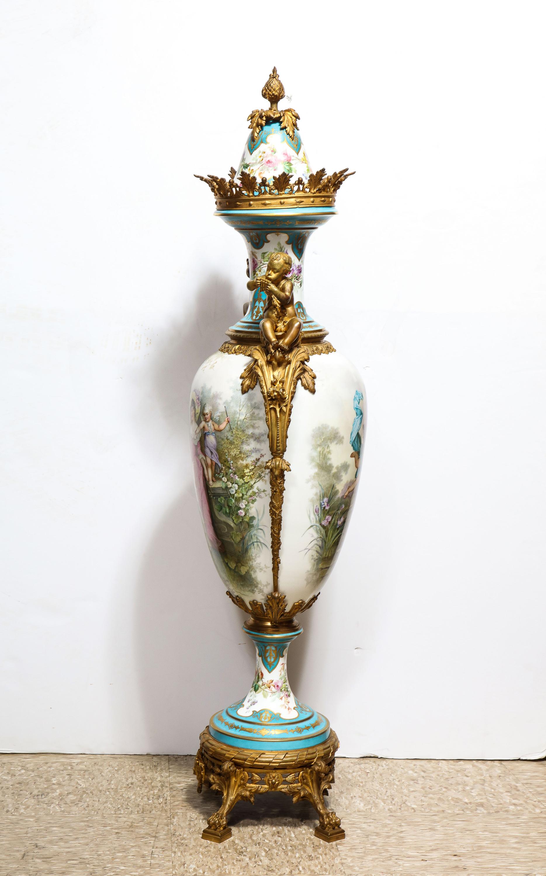 Palatial French Ormolu-Mounted Sevres Porcelain Hand-Painted Vase and Cover For Sale 11