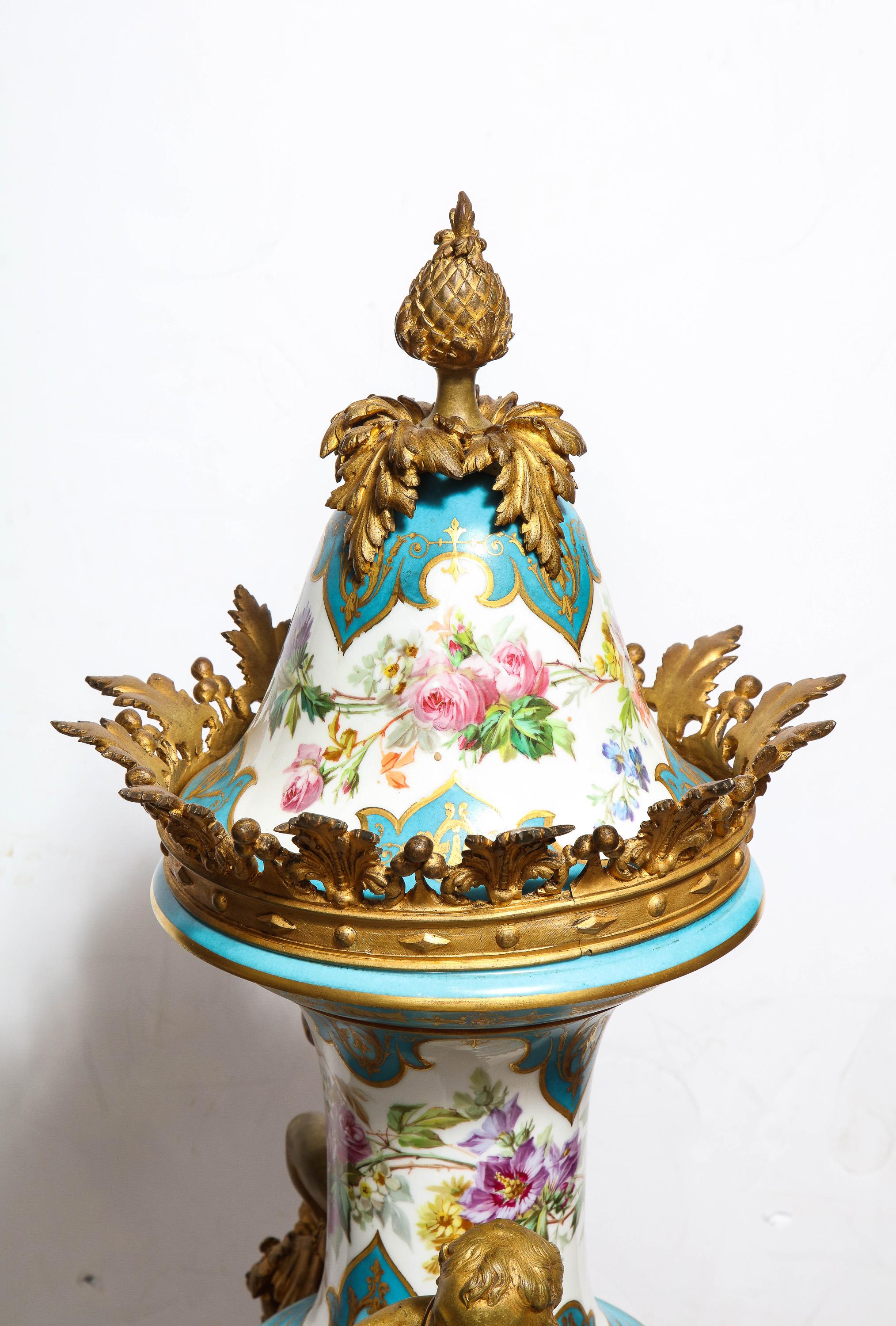 Palatial French Ormolu-Mounted Sevres Porcelain Hand-Painted Vase and Cover For Sale 12