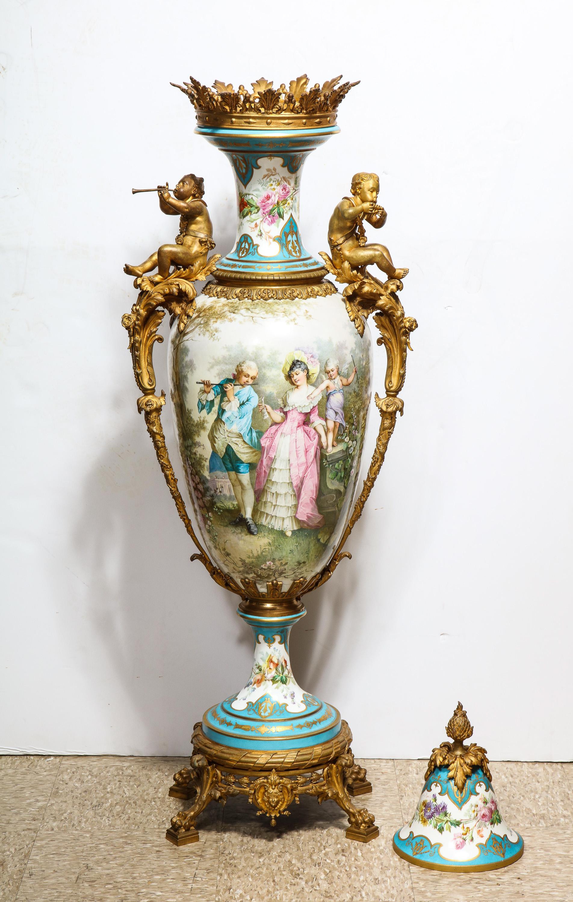 Napoleon III Palatial French Ormolu-Mounted Sevres Porcelain Hand-Painted Vase and Cover For Sale