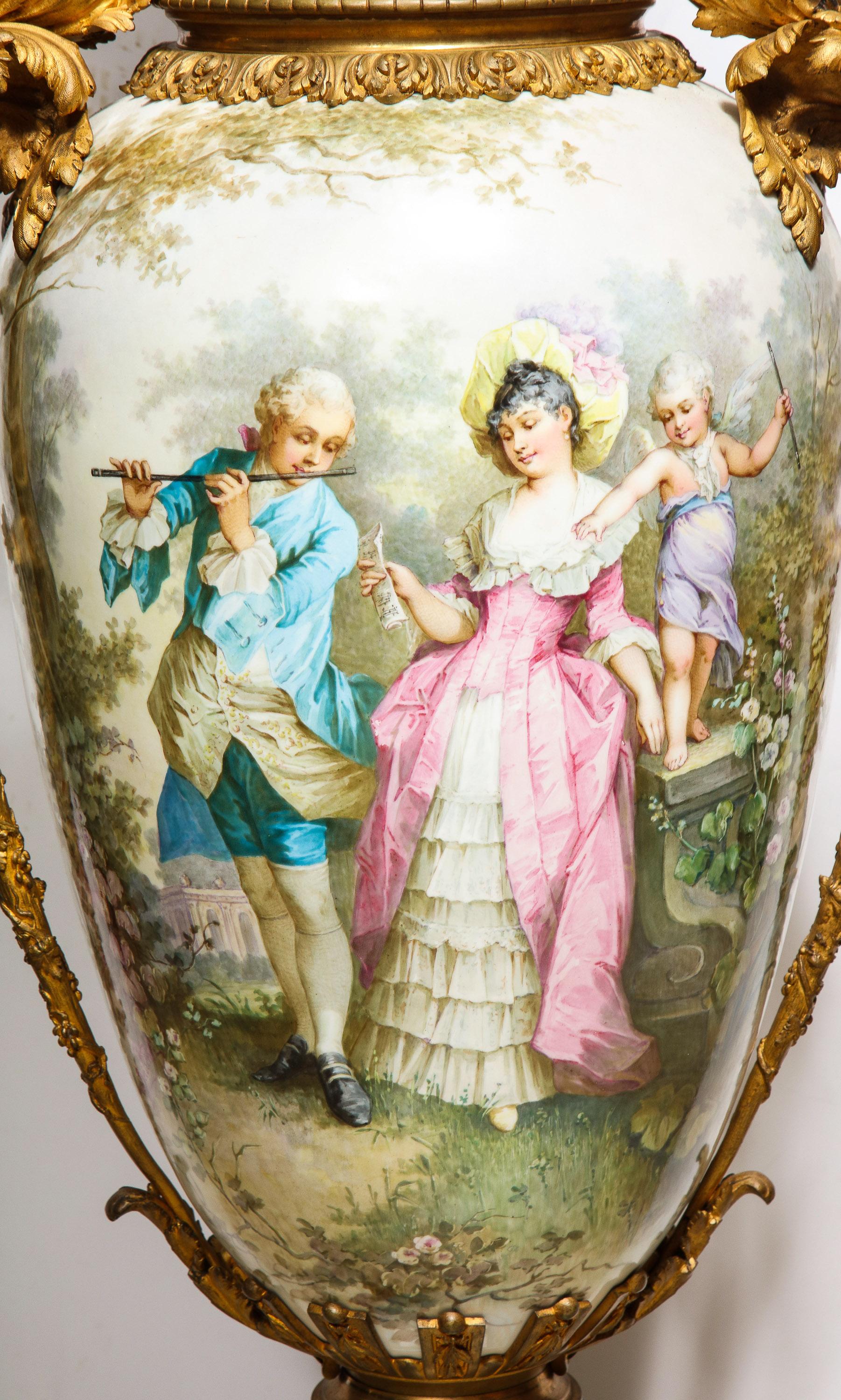 19th Century Palatial French Ormolu-Mounted Sevres Porcelain Hand-Painted Vase and Cover For Sale