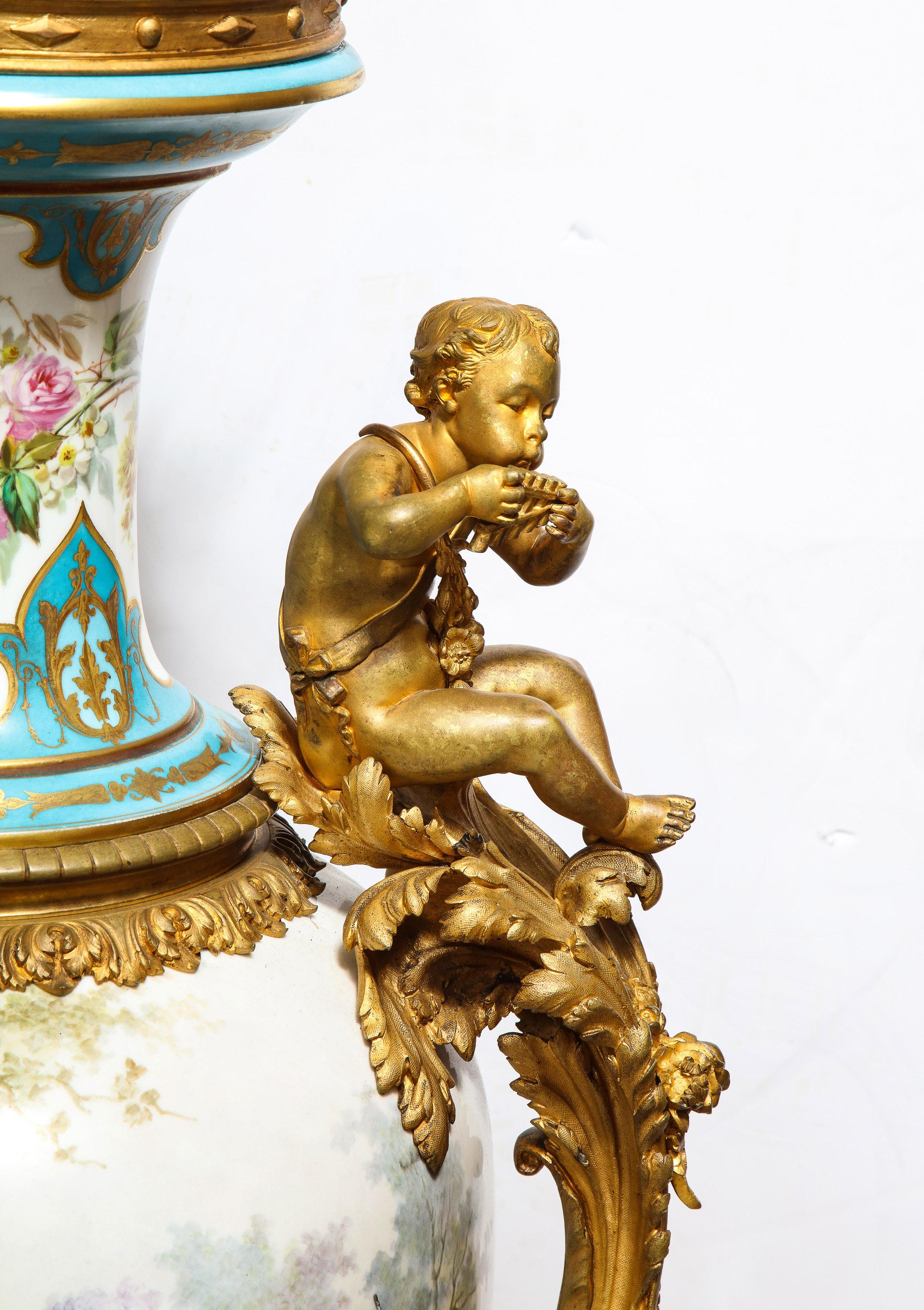 Palatial French Ormolu-Mounted Sevres Porcelain Hand-Painted Vase and Cover For Sale 1