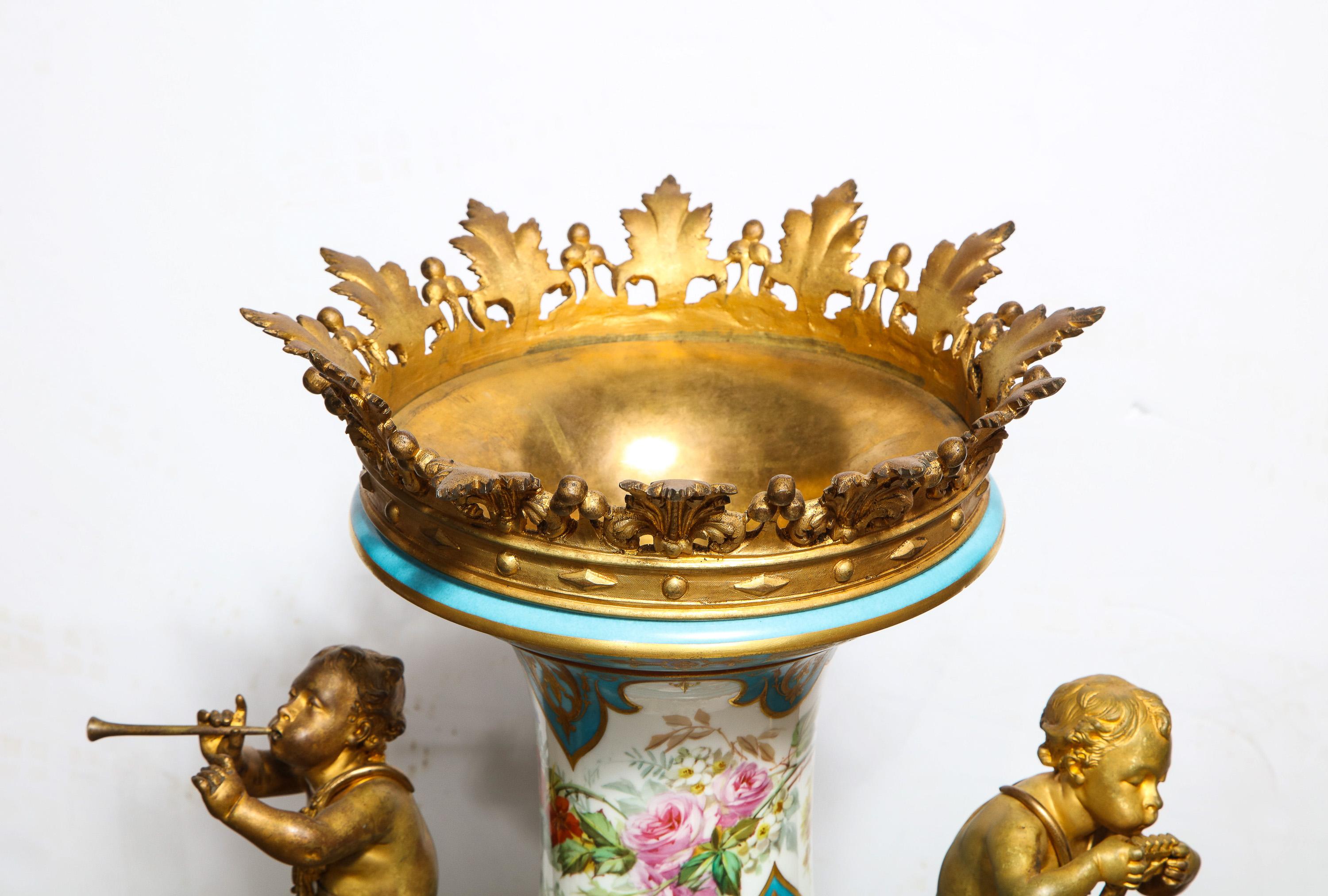 Palatial French Ormolu-Mounted Sevres Porcelain Hand-Painted Vase and Cover For Sale 3