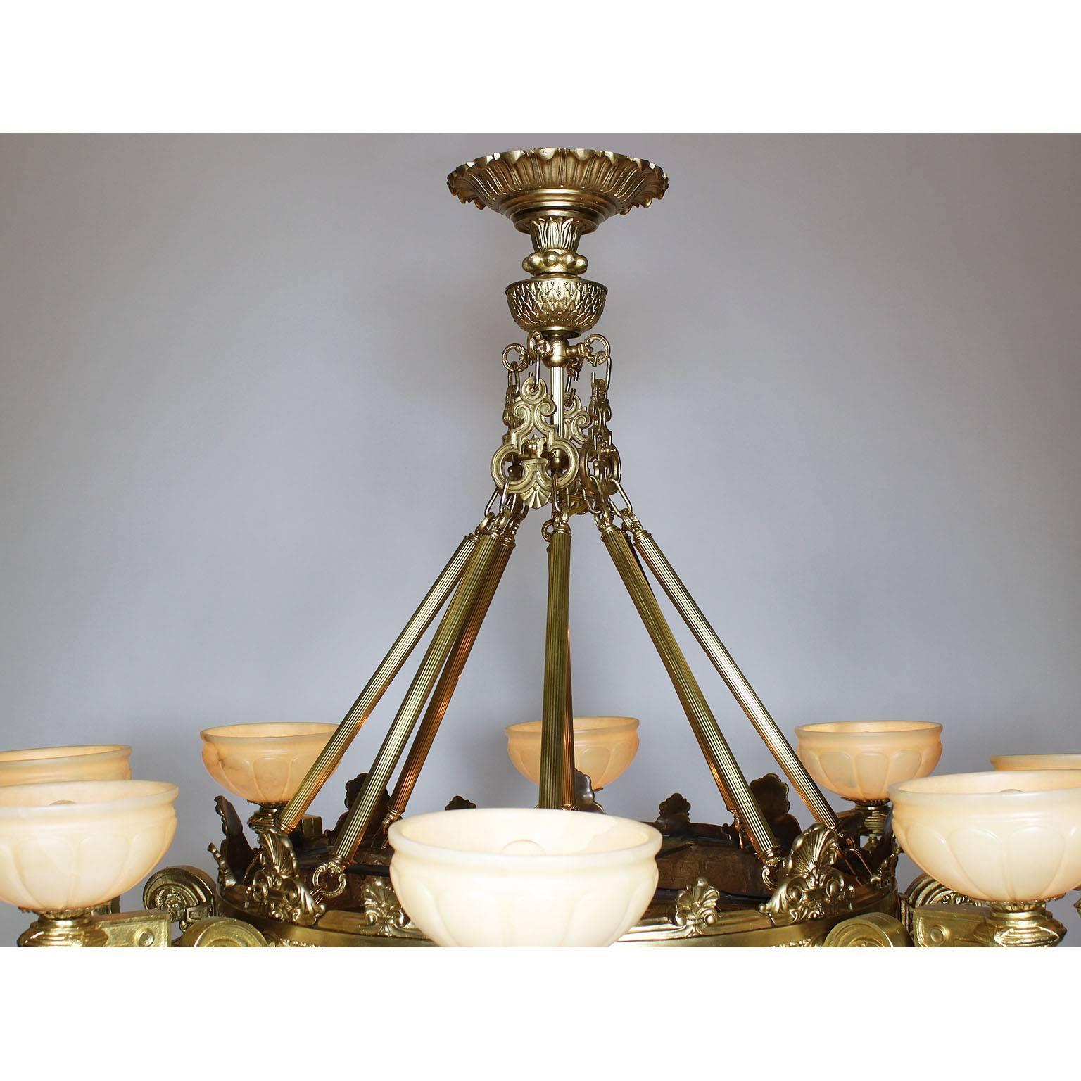 Lustre à 8 lumières de style néo-romain palatial gréco-romain en bronze doré et albâtre Bon état - En vente à Los Angeles, CA