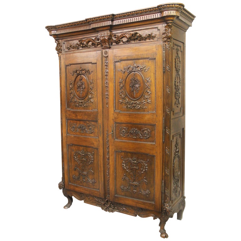 Palatial Late 18th Century Louis XVI Hand Carved Walnut and Mahogany Armoire