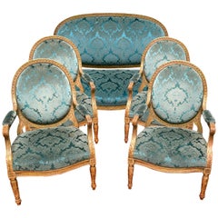 Ensemble de salon de style Louis XVI en bois doré à l'échelle palatiale du 19ème siècle