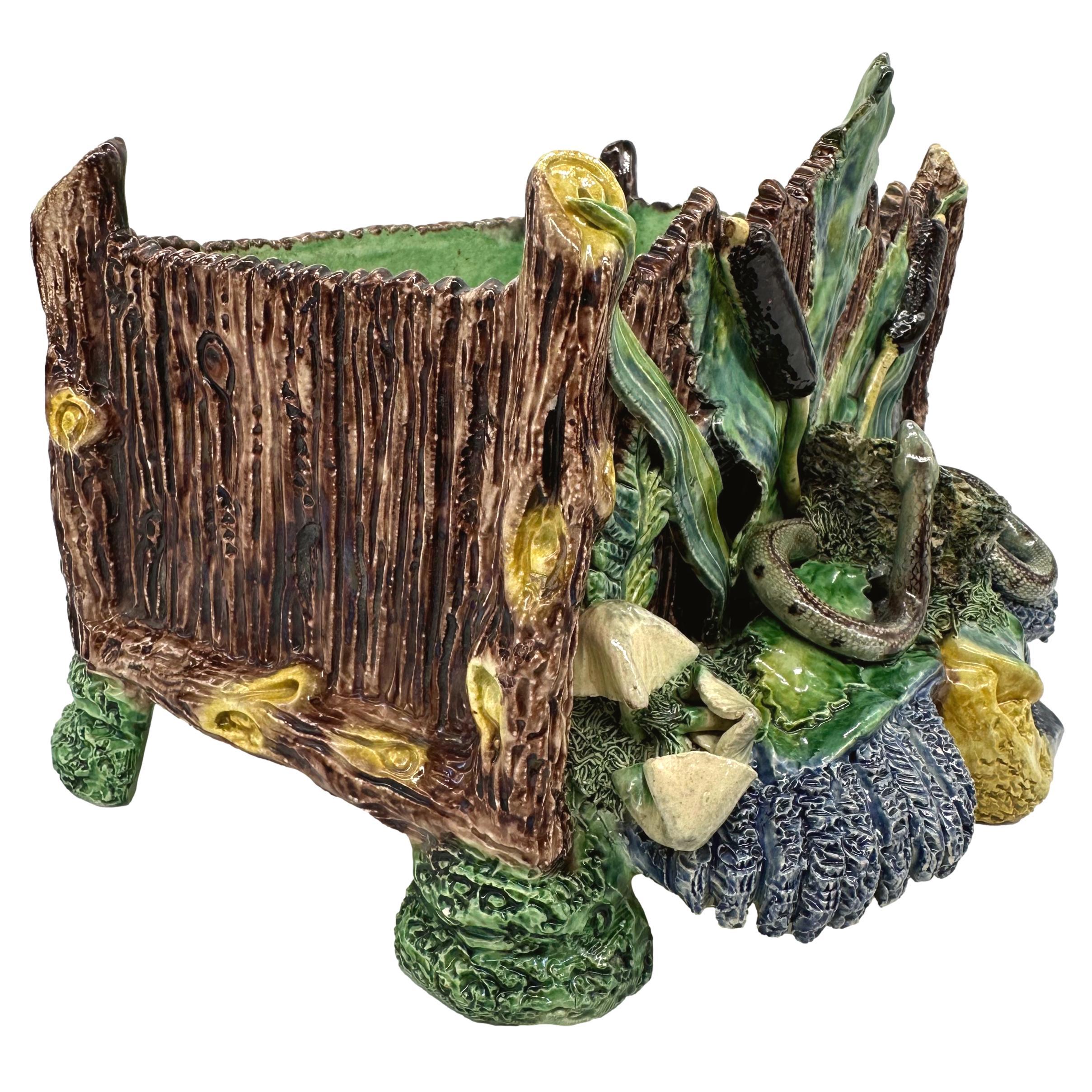 Molded A Palissy Ware Majolica Jardinière, Bird's Nest and Snake, School of Paris, 1880 For Sale