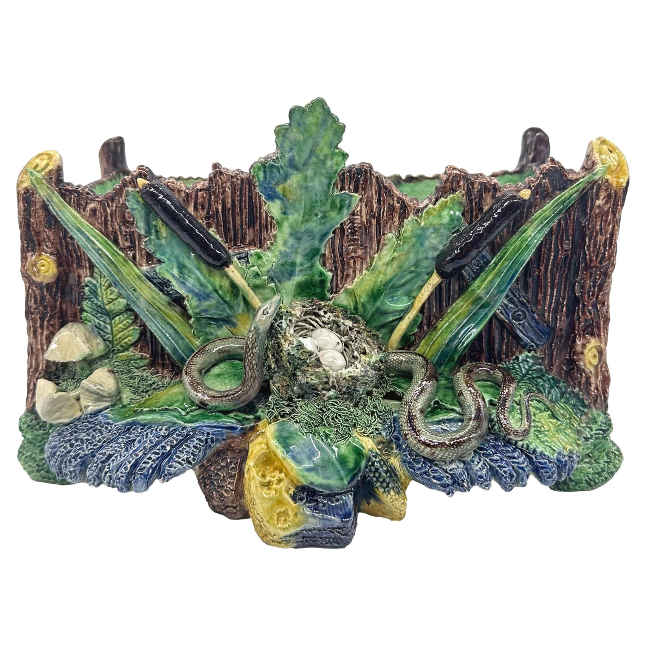 Jardinière in maiolica di Palissy, nido d'uccello e serpente, Scuola di Parigi, 1880