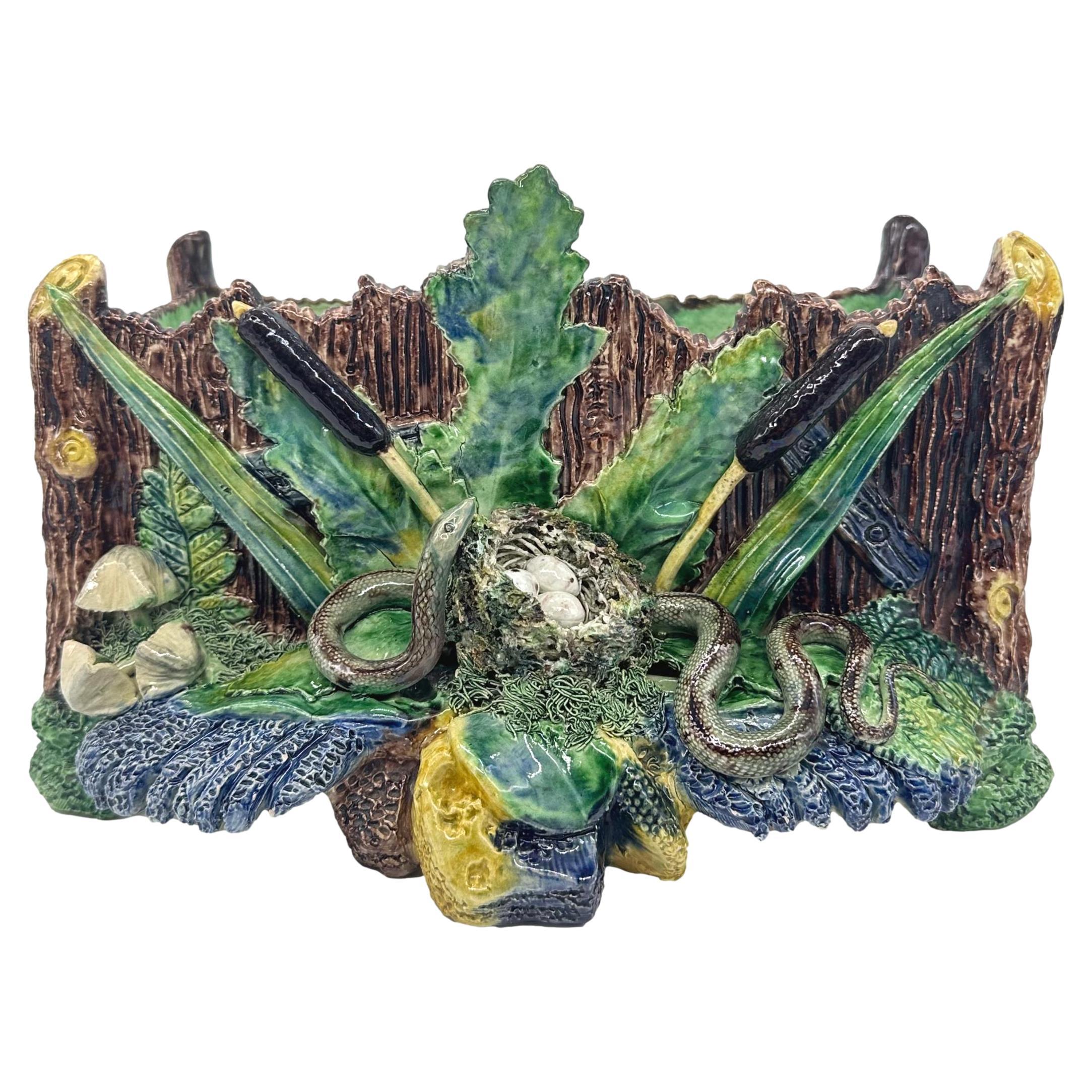 Jardinière en majolique de Palissy, nid d'oiseau et serpent, école de Paris, 1880