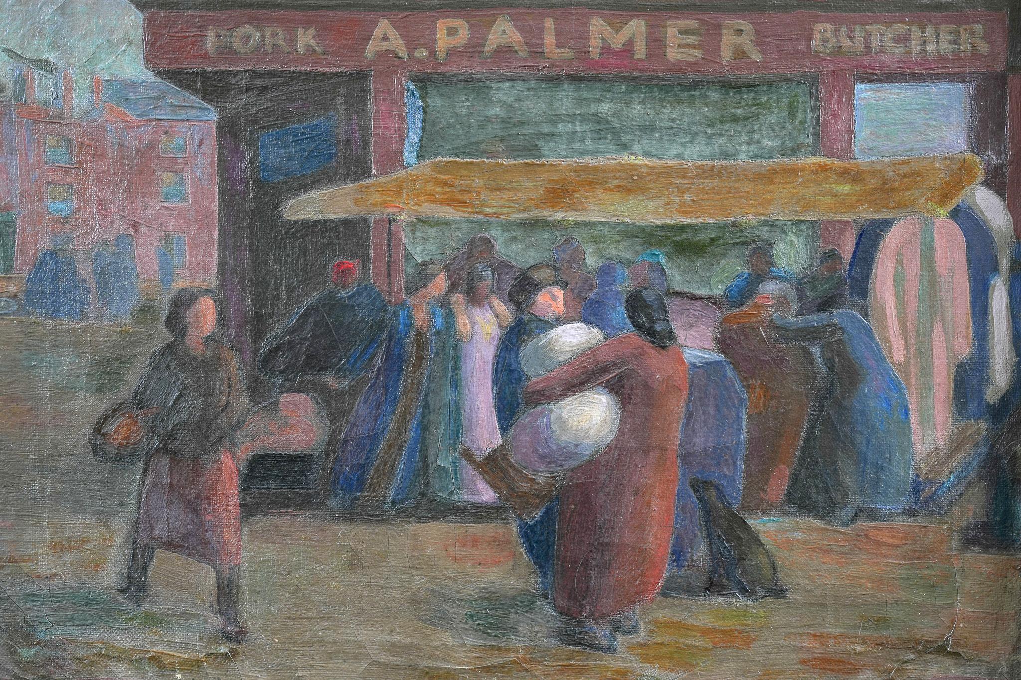 Ein kleines Ölgemälde auf Leinwand mit einer Straßenszene von Albert Harold Palmer, 1911-1985.

Künstlerin und Lehrerin, geboren in Northamptonshire, studierte Kunst zunächst in Teilzeit, dann in Vollzeit an der Grimsby School of Art, 1923-9;