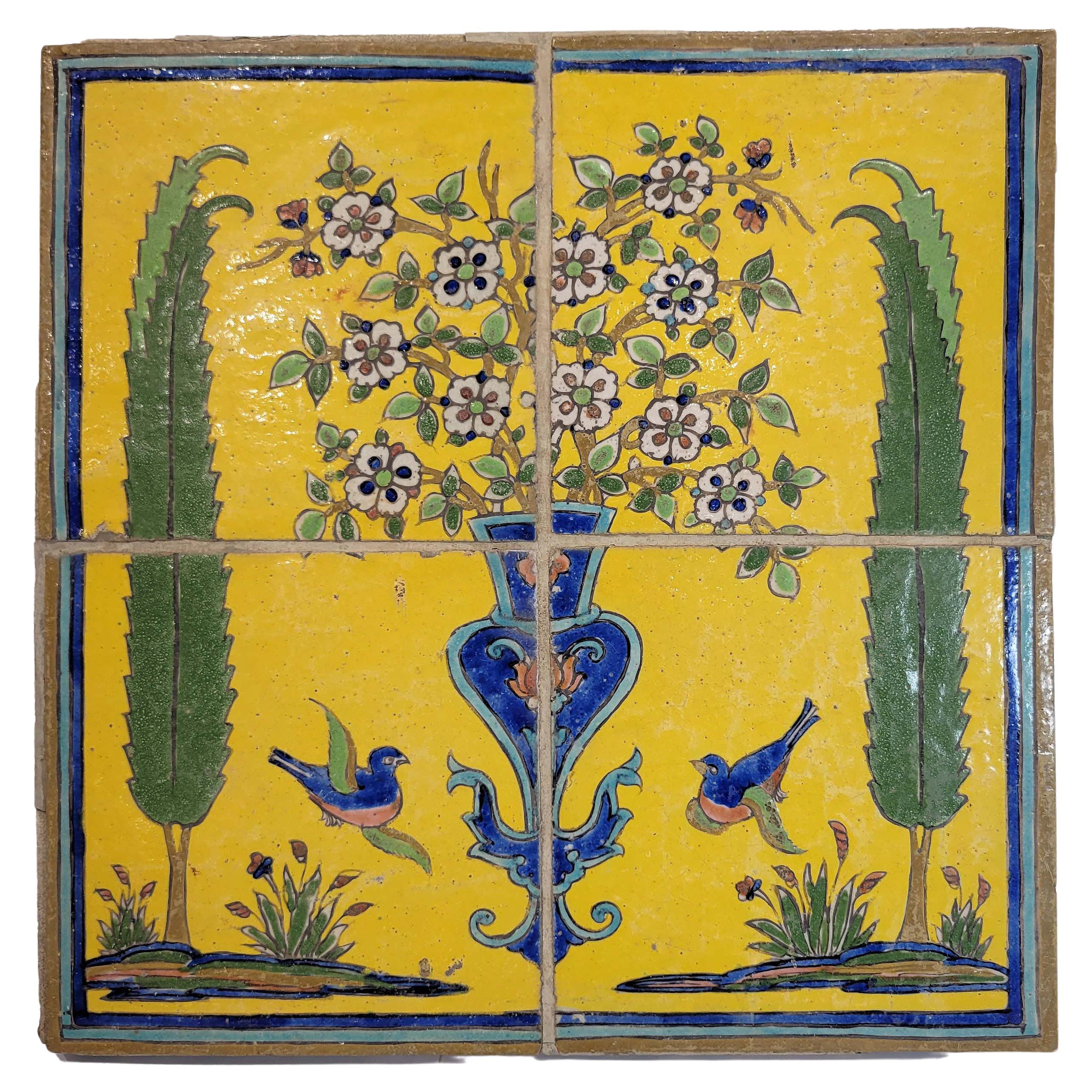 Panel of Four Late Safavid or Zand Cuerda Seca Tiles 17/18C.