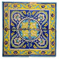 Antique Panel of Four Late Safavid or Zand Cuerda Seca Tiles, Probably Isfahan