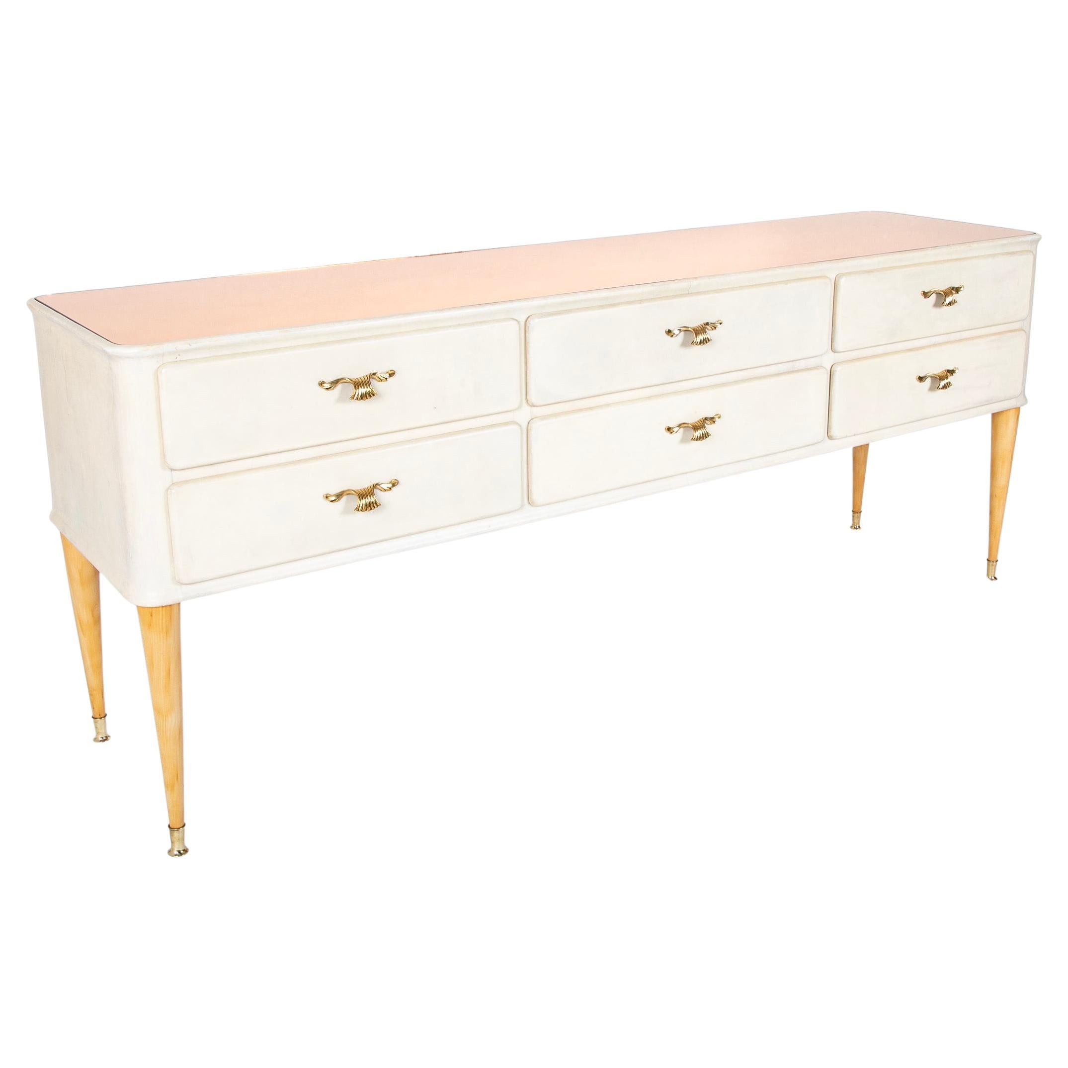 A Paolo Buffa Blond Credenza with Rose Mirror Top For Sale