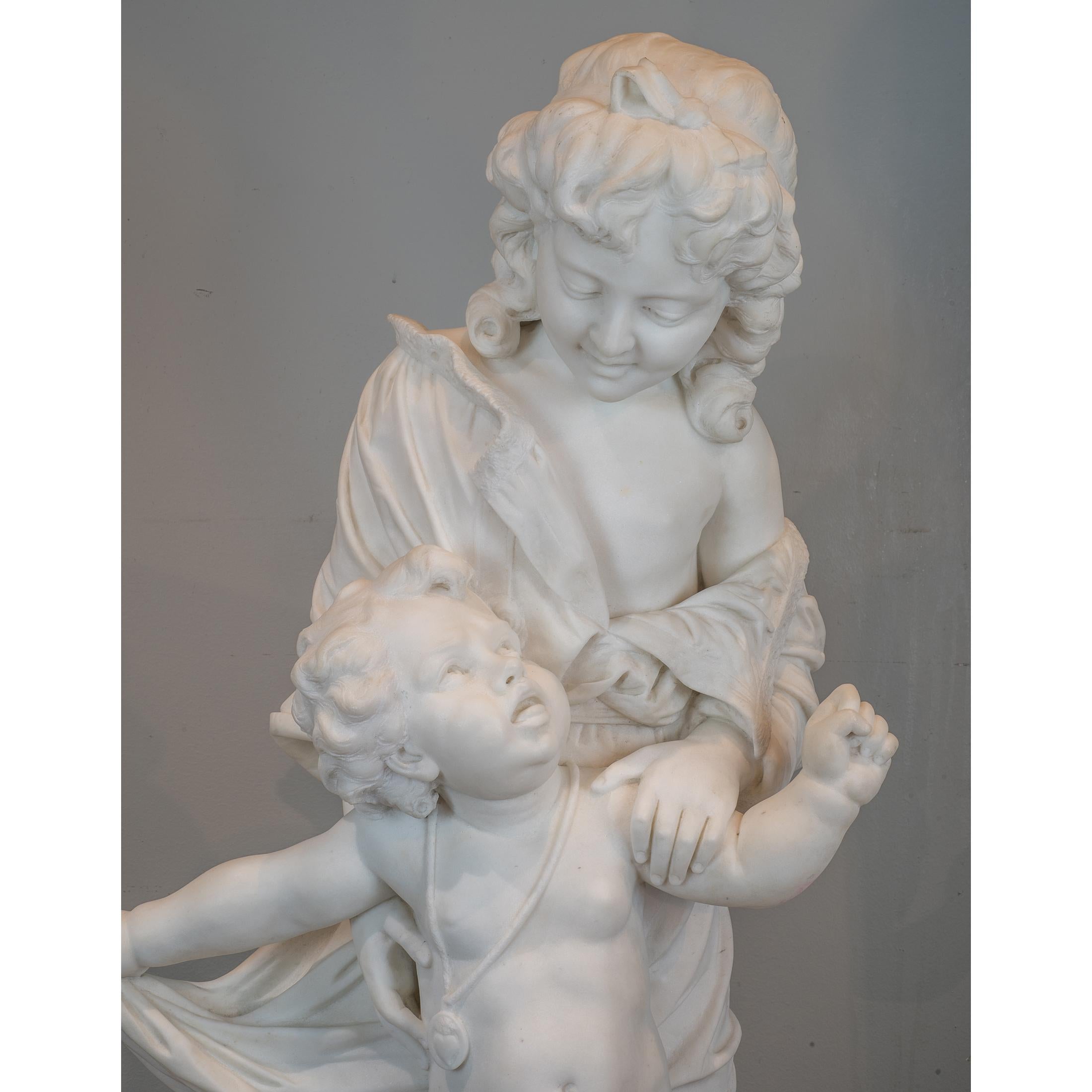 Carved White Marble Statue of Young Children by Paolo Folchi For Sale