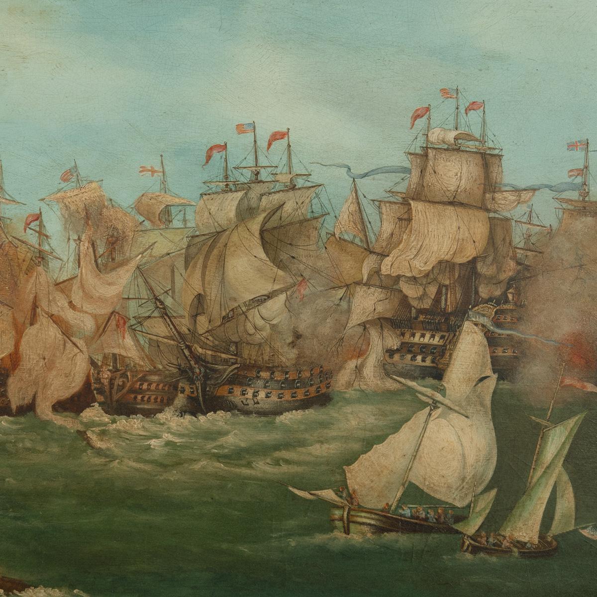 Bandeja de papel maché de la Batalla de Erie por Jennens and Bettridge, 1817, de forma rectangular con labio evertido, pintada con una escena de batalla naval, una etiqueta de papel en el reverso dice 
