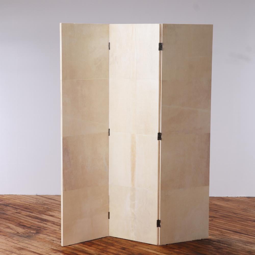 This beautiful room divider is comprised of three panels each crafted of 4 squares of pergamino. It is a warm neutral to enhance your décor.