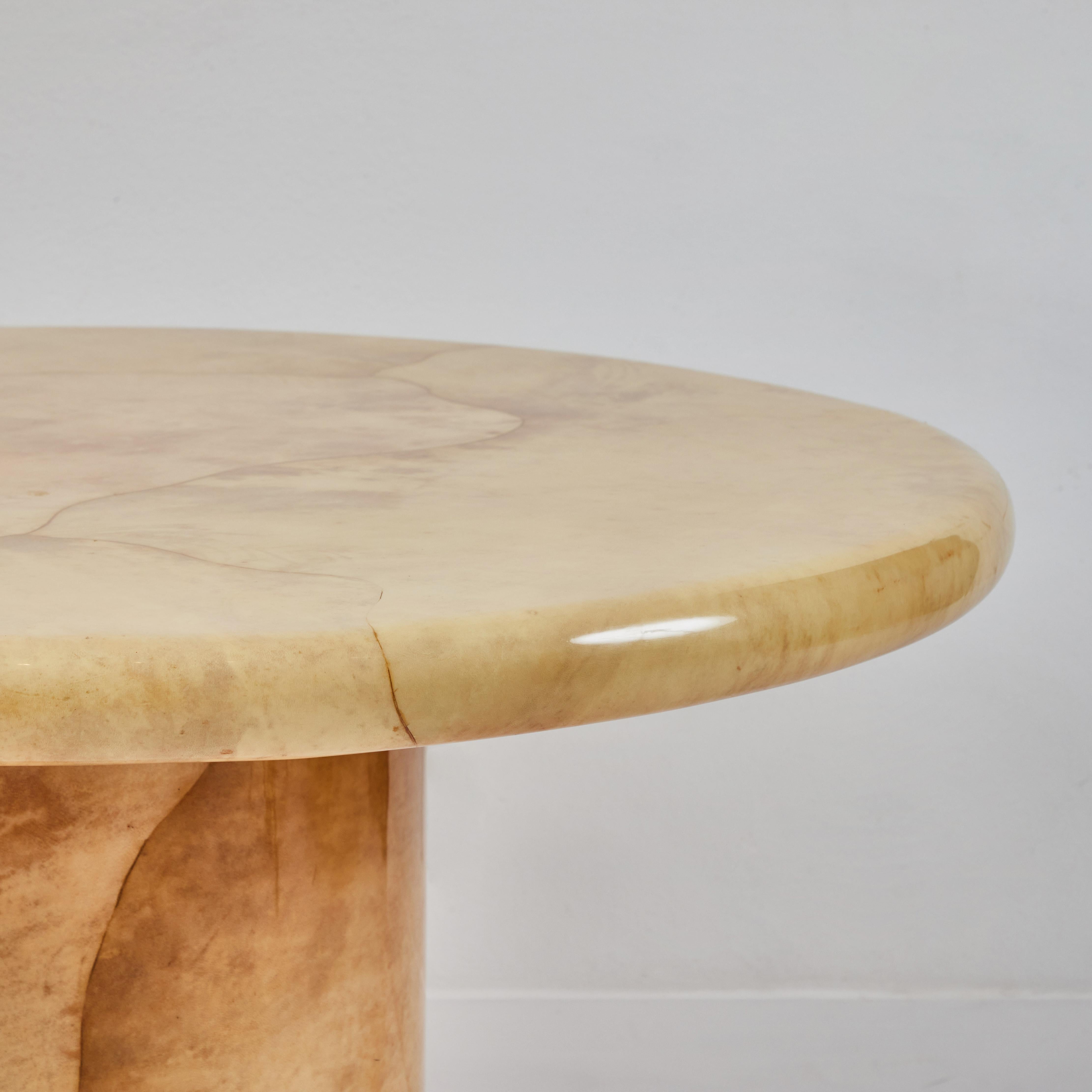 Polished Parchment Veneered Pedestal Table by Karl Springer