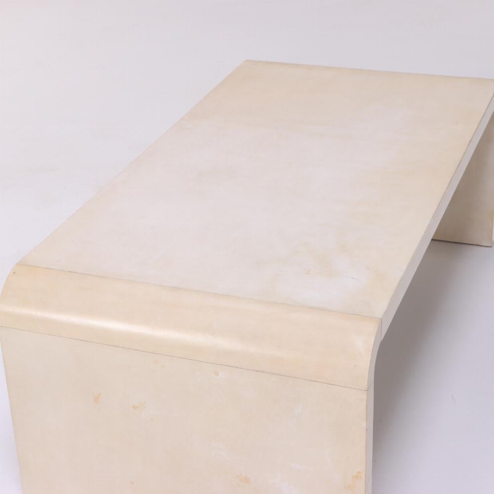 A Parchment Waterfall Coffee Table, in the manner of Jean-Michel Frank. In Good Condition In Philadelphia, PA