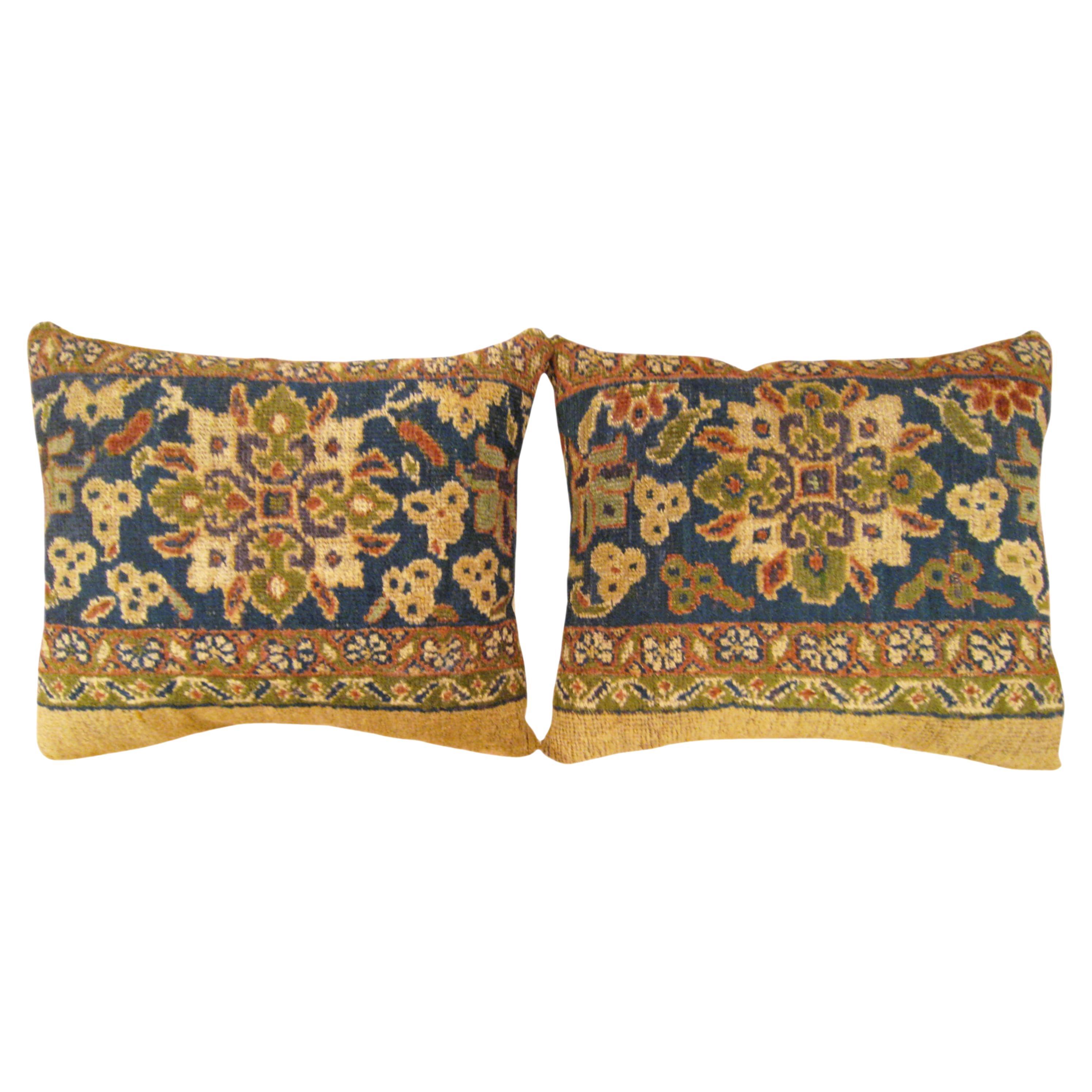 Pari of Decorative Antique Persian Sultanabad Carpet Pillows with Floral For Sale