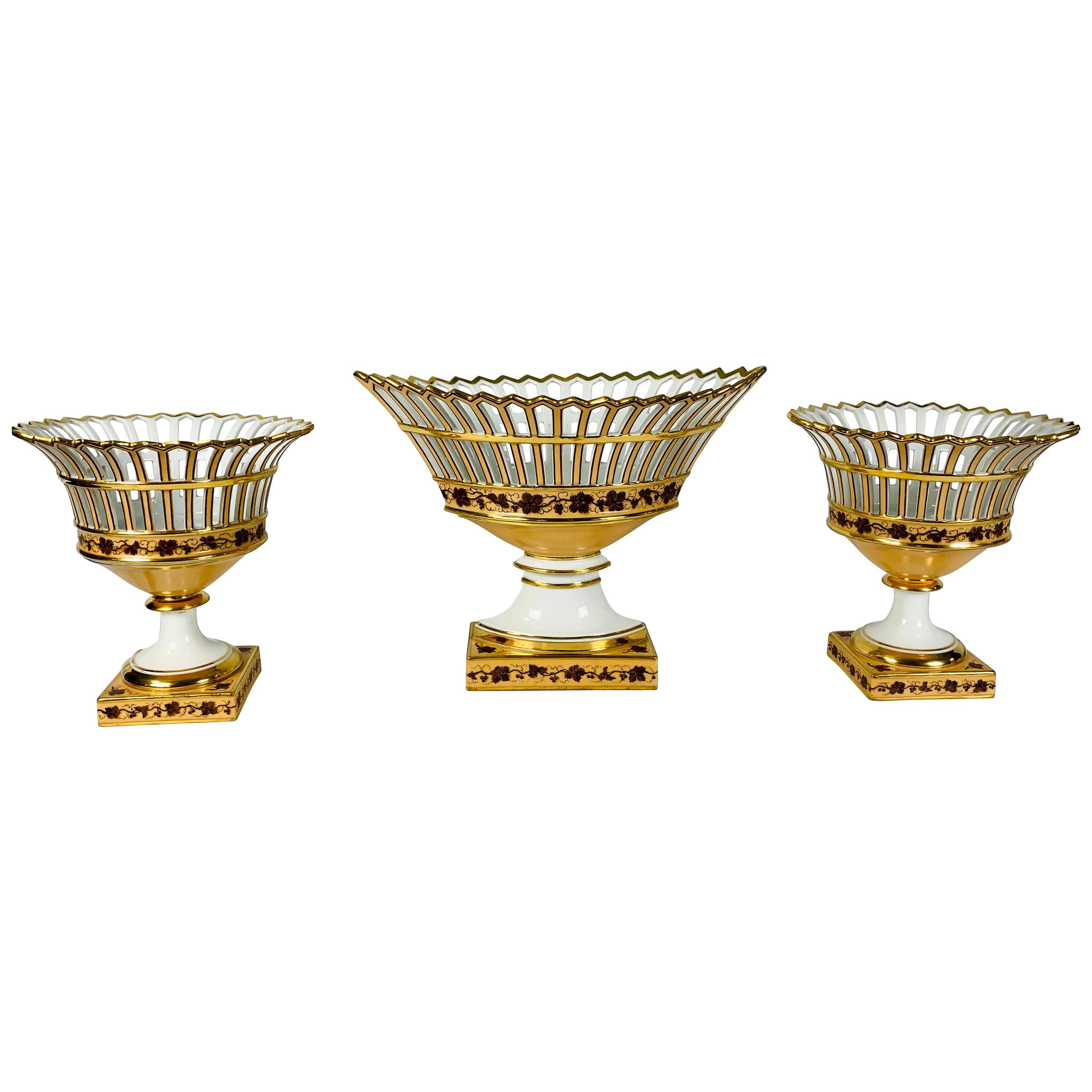 Paris Porcelain Set of Three French Antique Porcelain Baskets Made, circa 1840