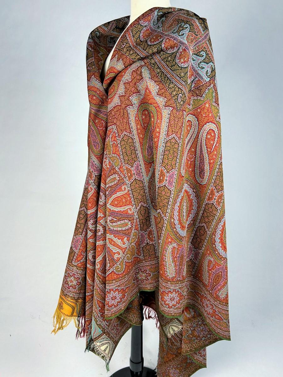 A Parisian Paisley Cashmere Moon Shawl With Signature French Circa 1860 For Sale 9