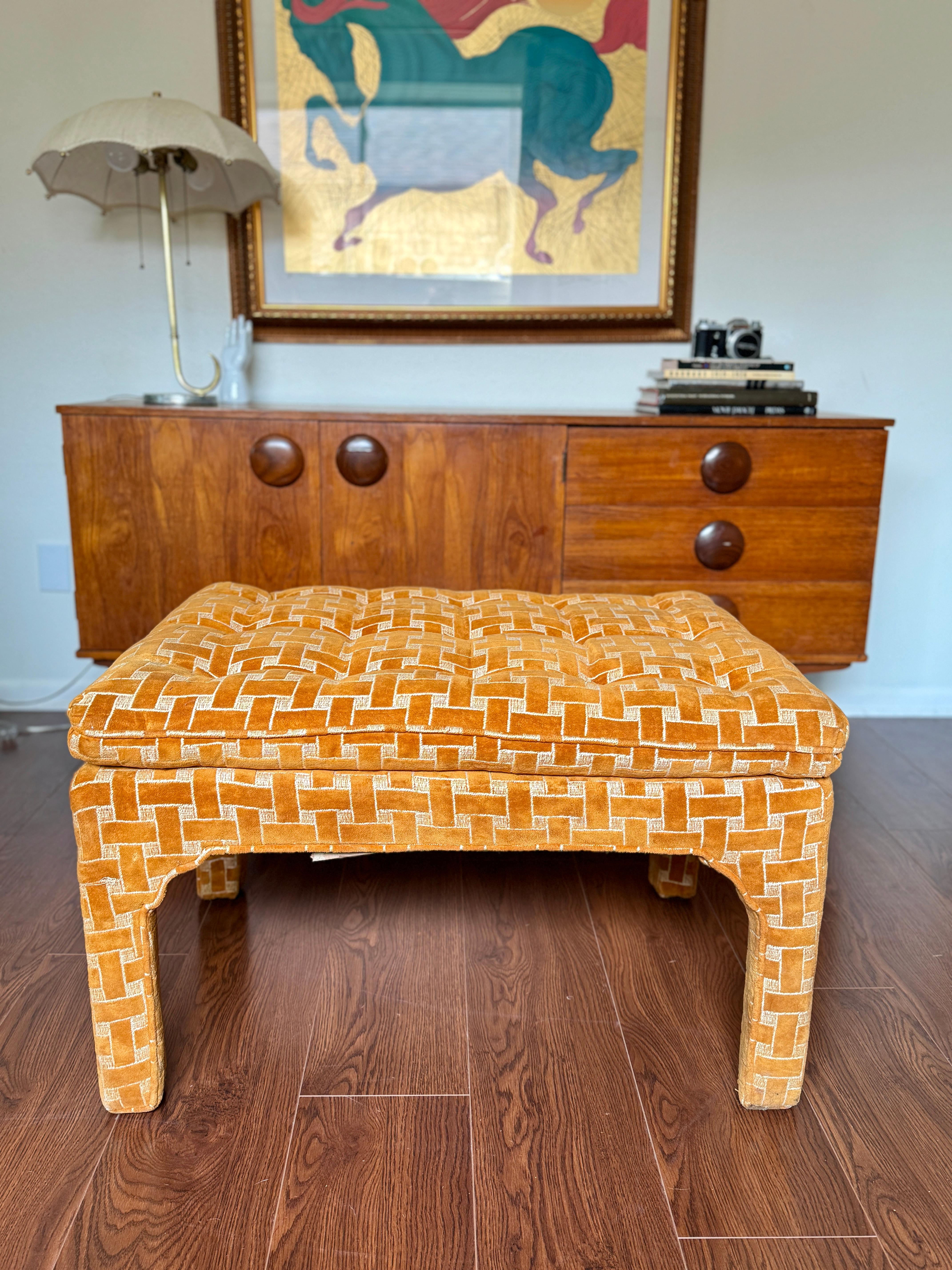 Mid-Century Modern A parson style upholstered bench in the style of Milo Baughman, circa 1970s For Sale