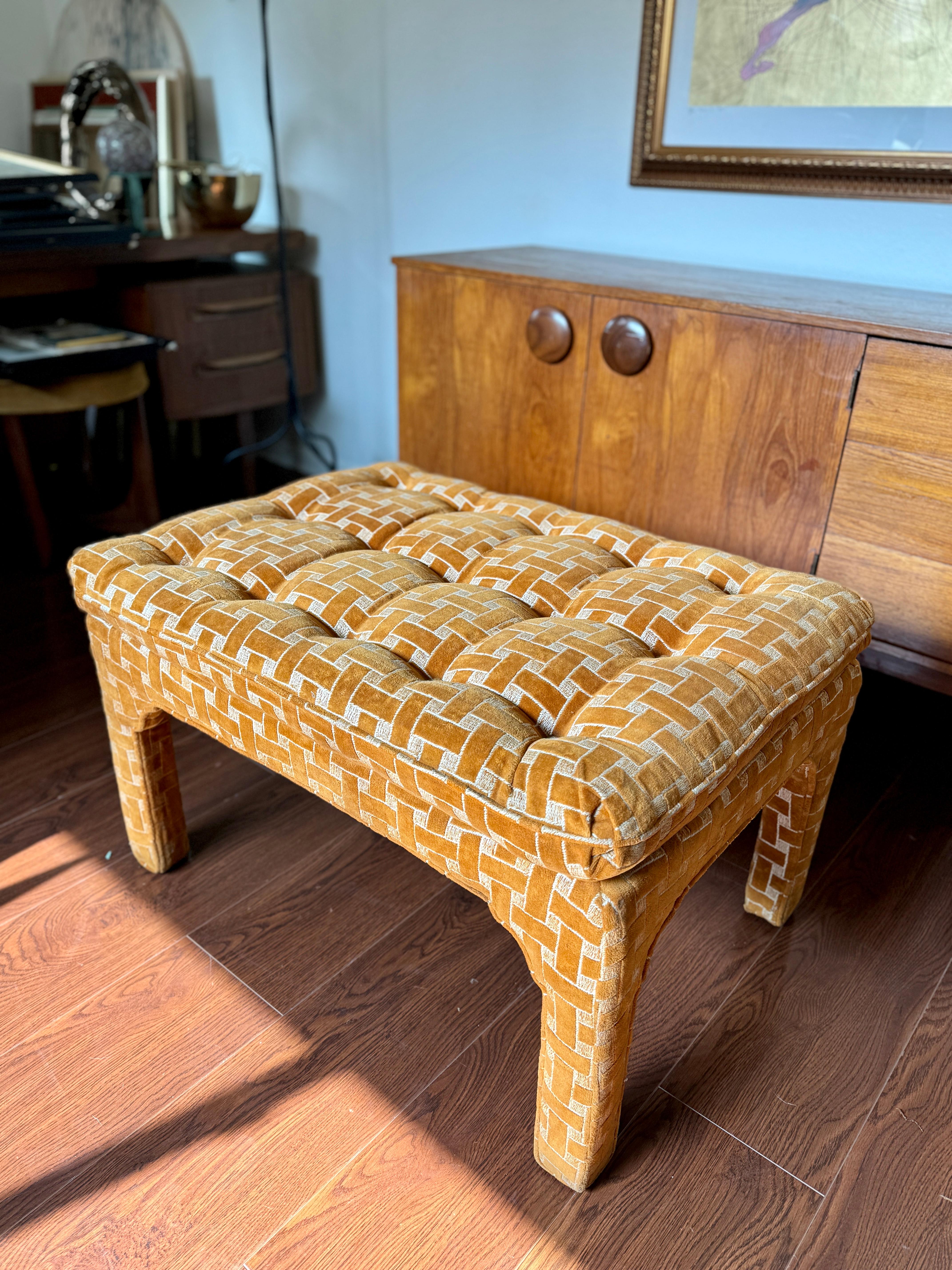 A parson style upholstered bench in the style of Milo Baughman, circa 1970s For Sale 1