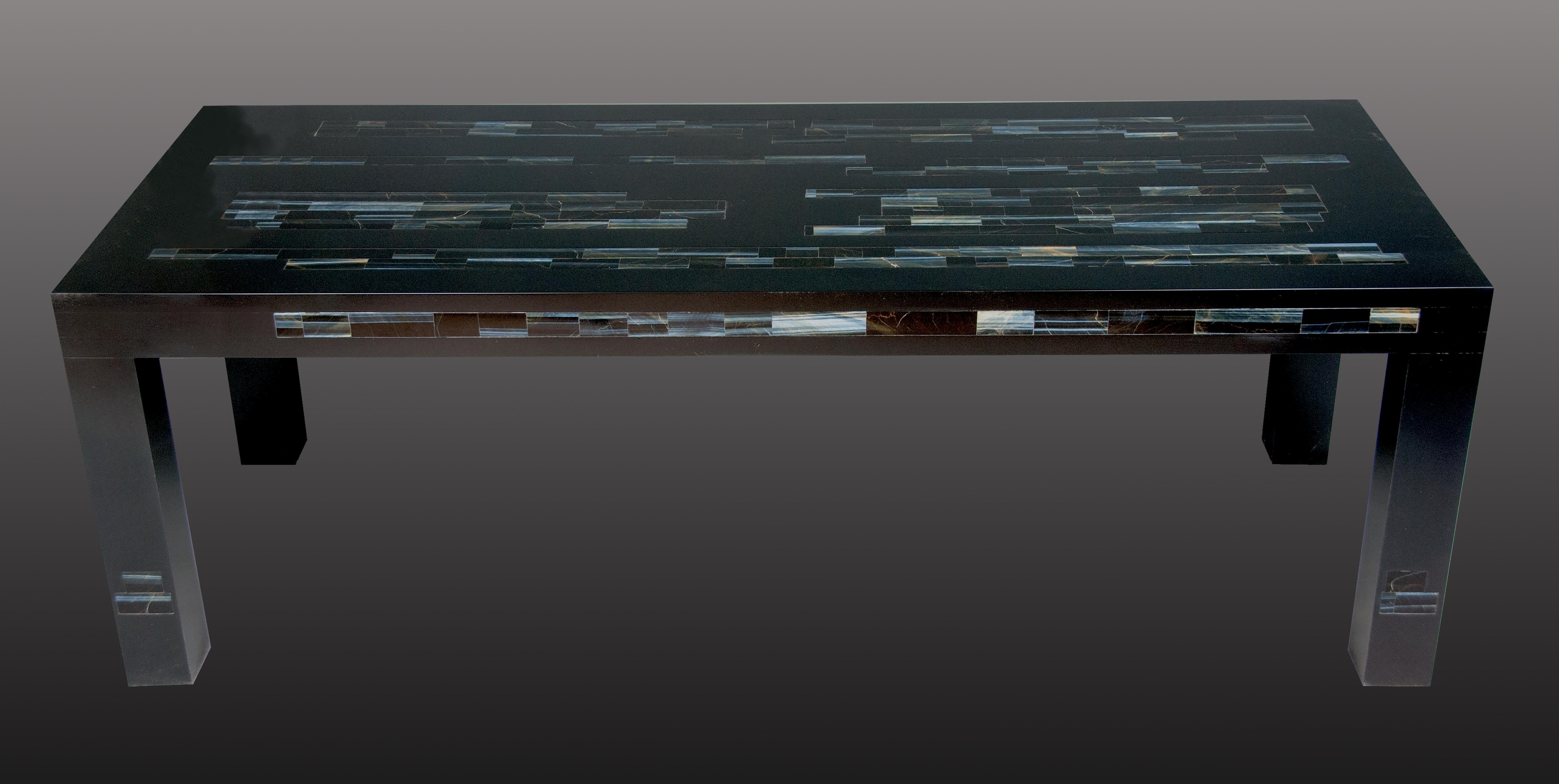 Expressionist A  Black Parson's Style Coffee Table With Inlaid Genuine Blue Tiger Eye Stone For Sale