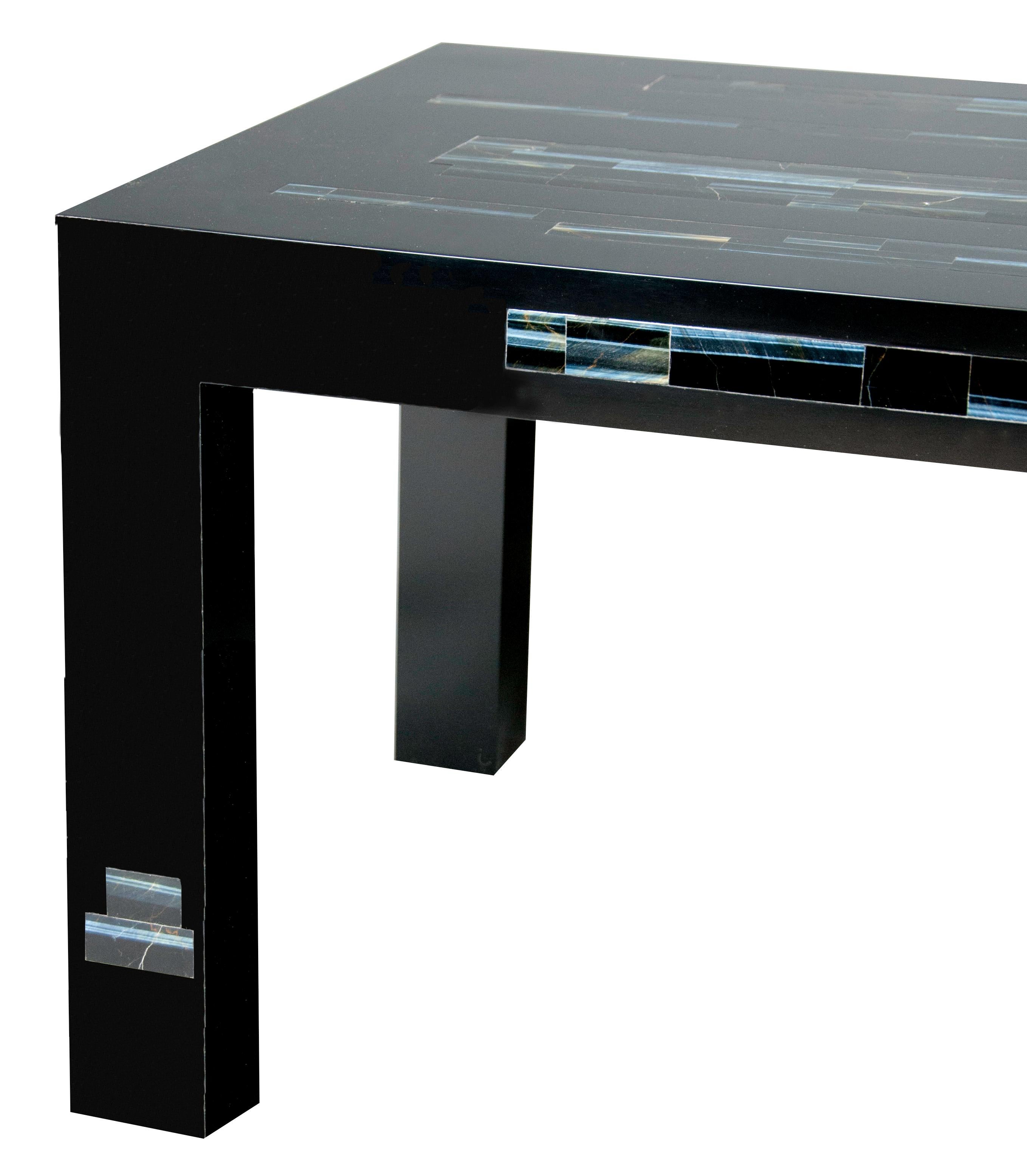 American A  Black Parson's Style Coffee Table With Inlaid Genuine Blue Tiger Eye Stone For Sale