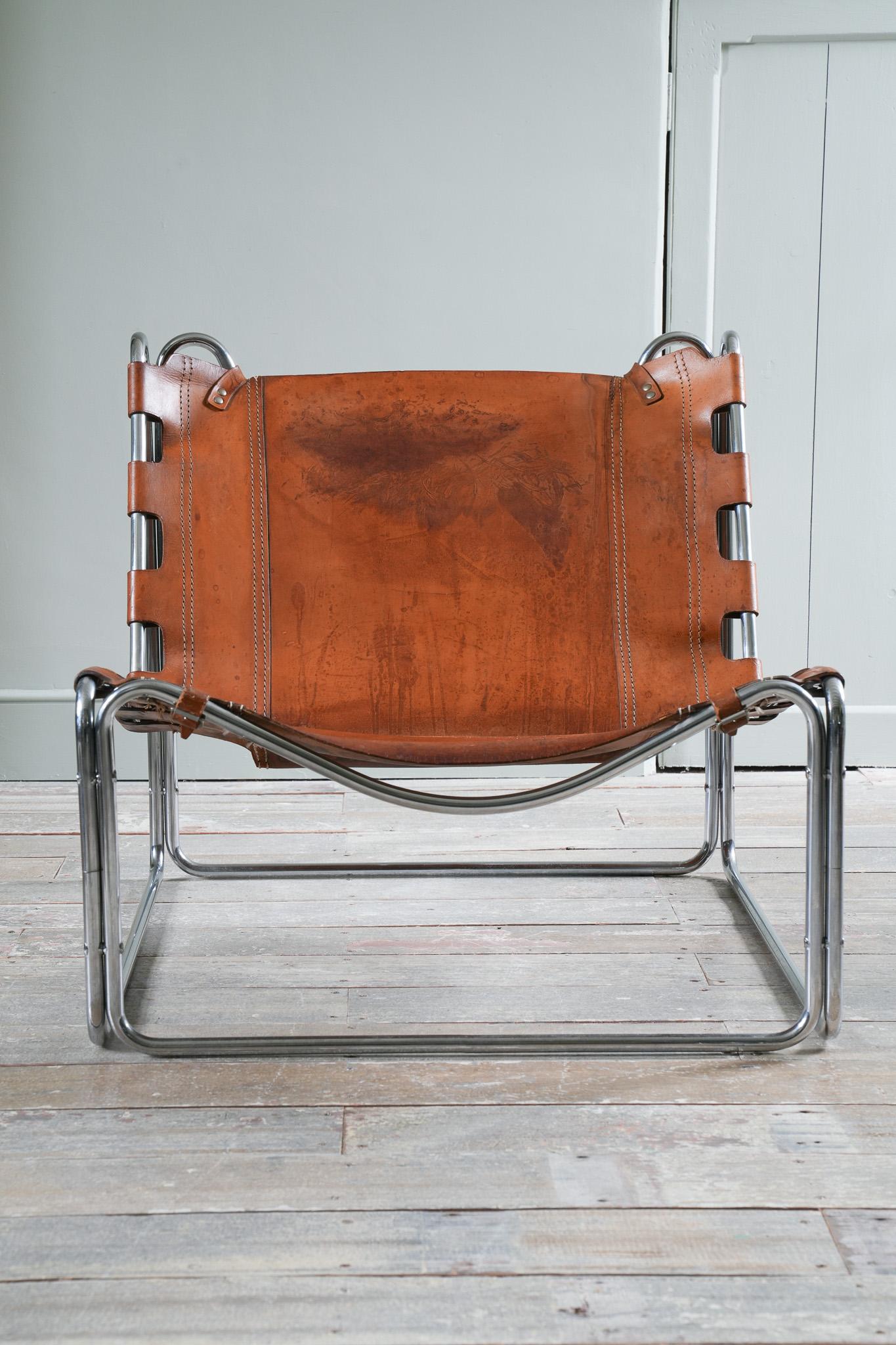 A leather and chromed tubular steel “Fabio” lounge chair by Pascal Mourgue for Sedia-Steiner.