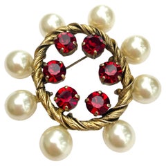 Vintage A paste, faux pearl and ruby paste oval brooch, Christian Dior , Germany, 1960.