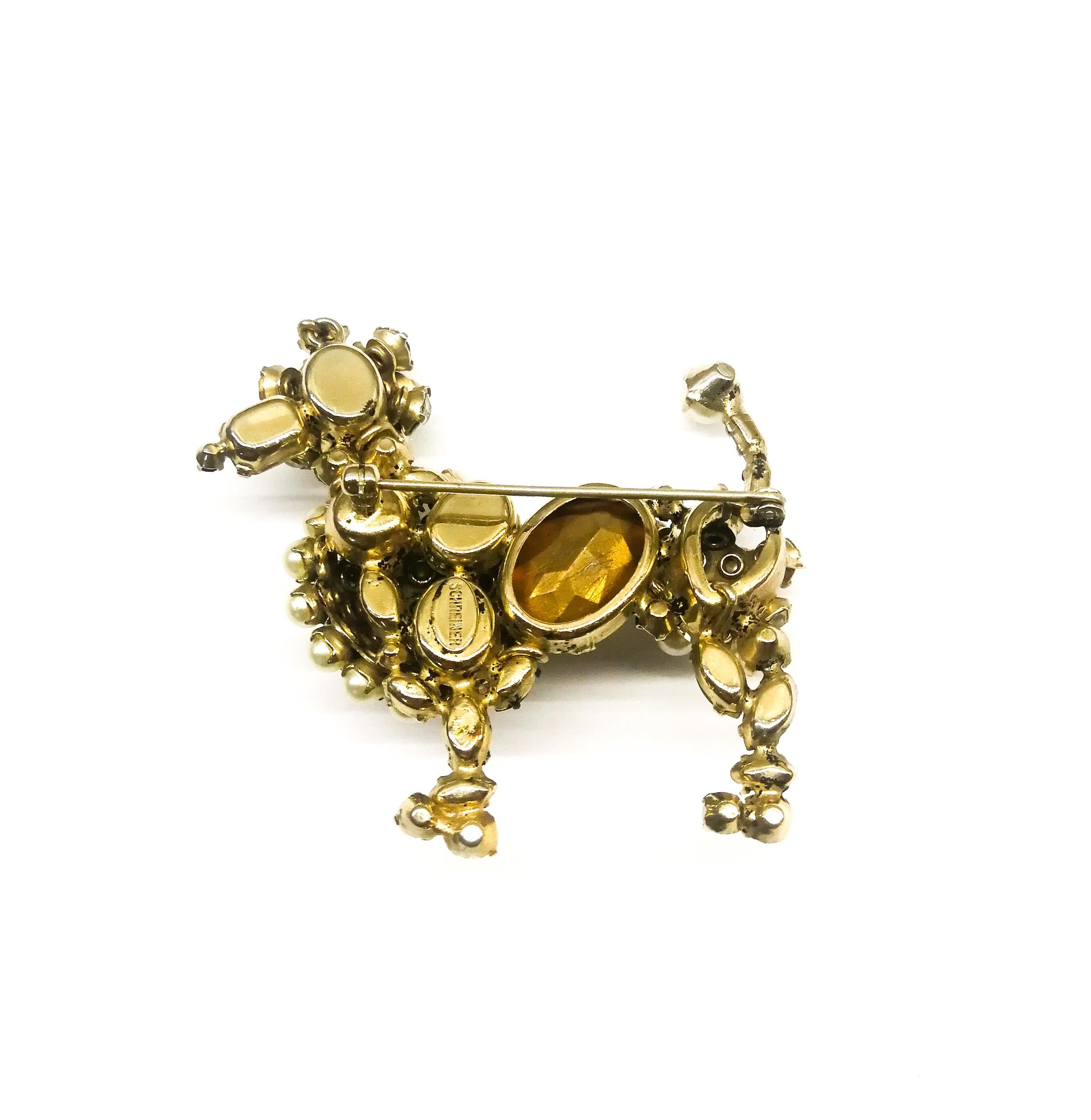 A paste pearl and clear paste 'poodle' brooch, Schreiner, USA, 1960s In Excellent Condition For Sale In Greyabbey, County Down
