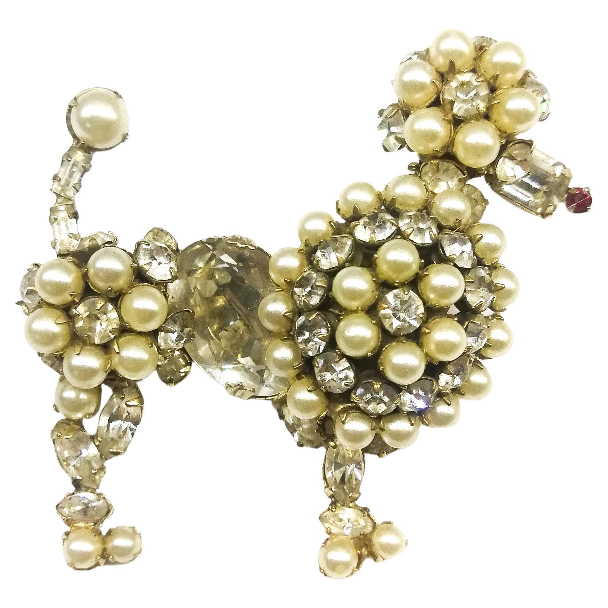 A paste pearl and clear paste 'poodle' brooch, Schreiner, USA, 1960s For Sale